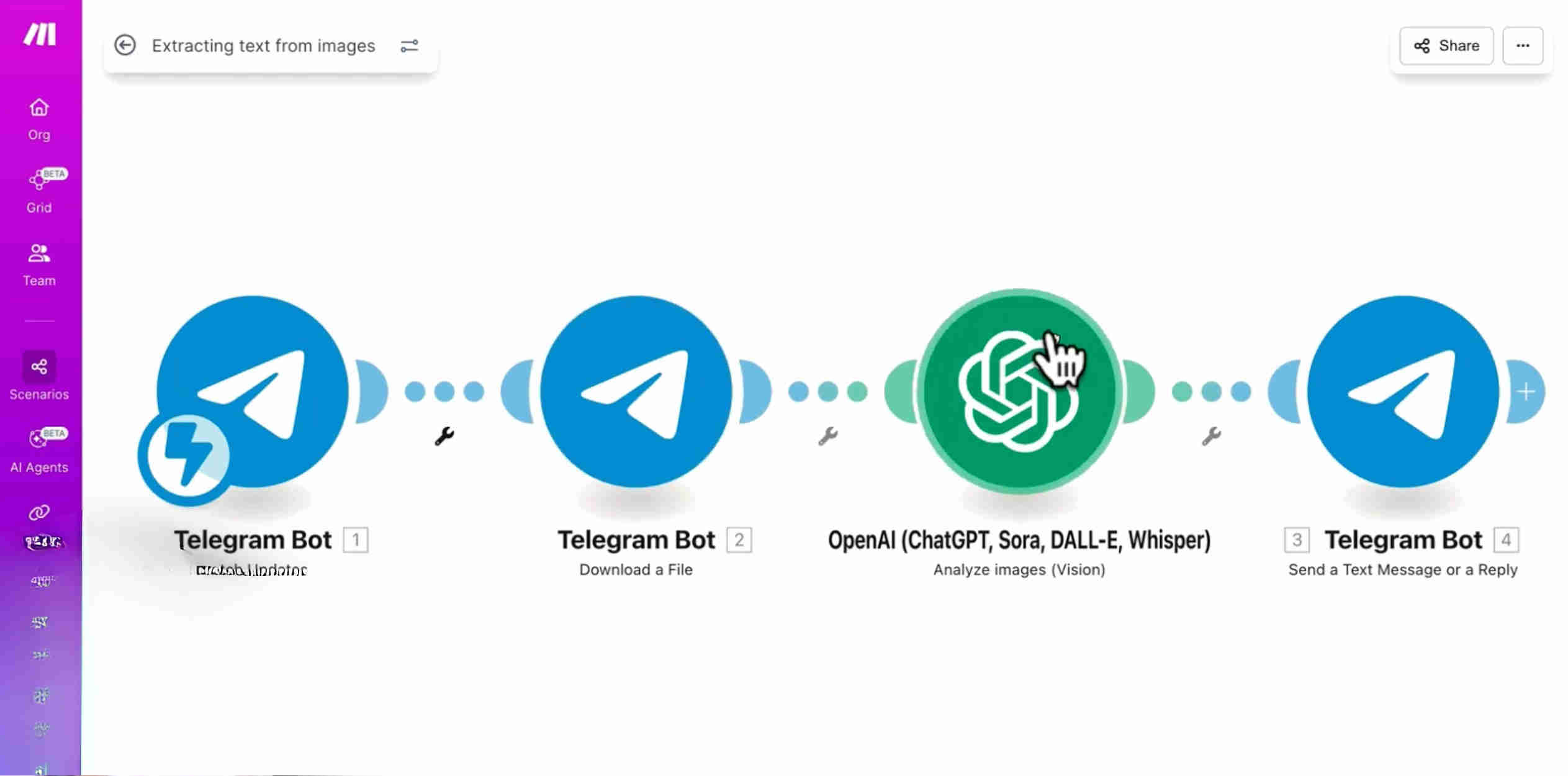 Make.com automation workflow showing Watch Updates Telegram trigger, image download module, GPT-4 Vision API call with extraction prompt, and Telegram send reply module — the complete four-step pipeline executing in under 10 seconds