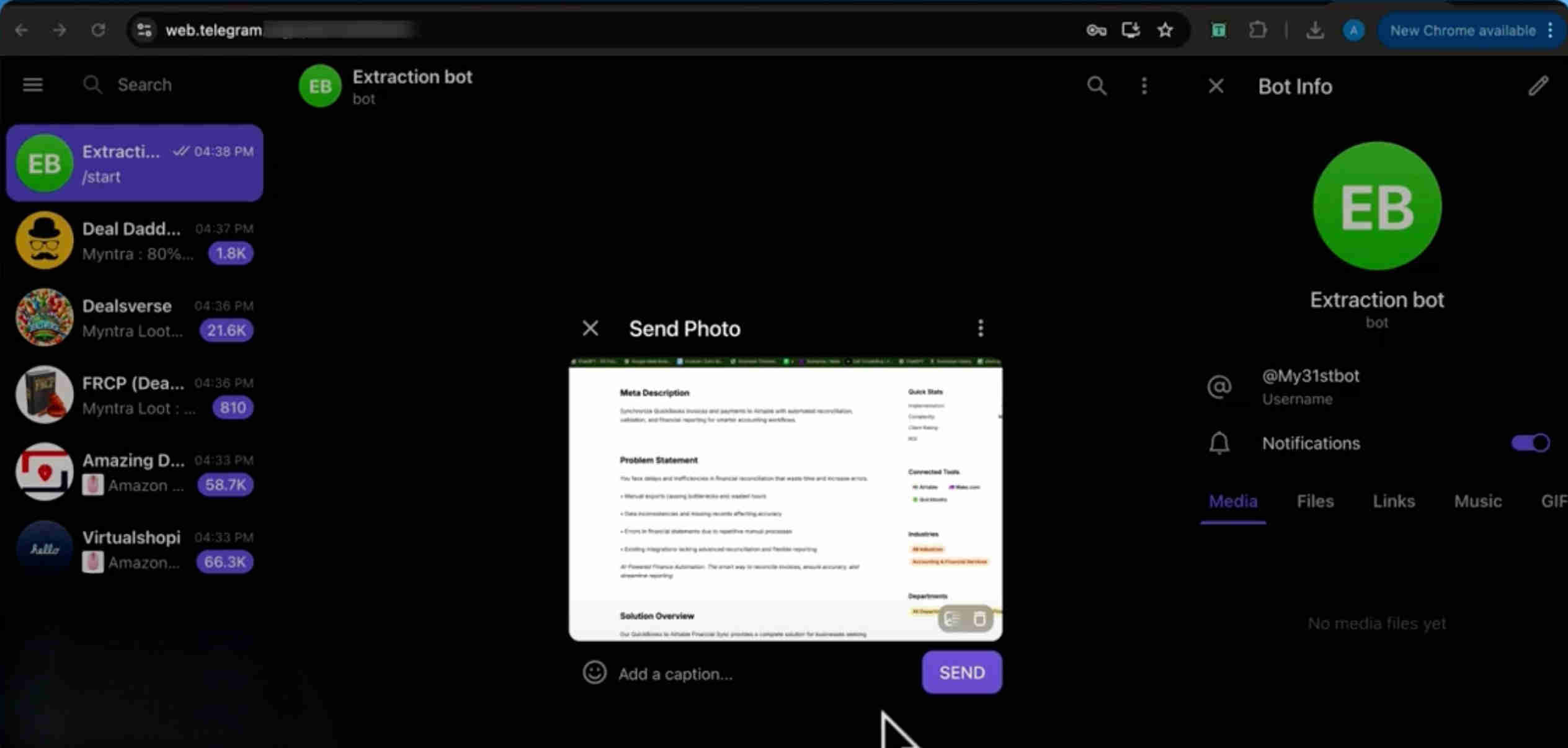 Telegram bot interface showing the image processing bot in a Telegram chat conversation — the familiar messaging interface where users simply send a photo and receive extracted text back within 10 seconds, no app download or technical setup required
