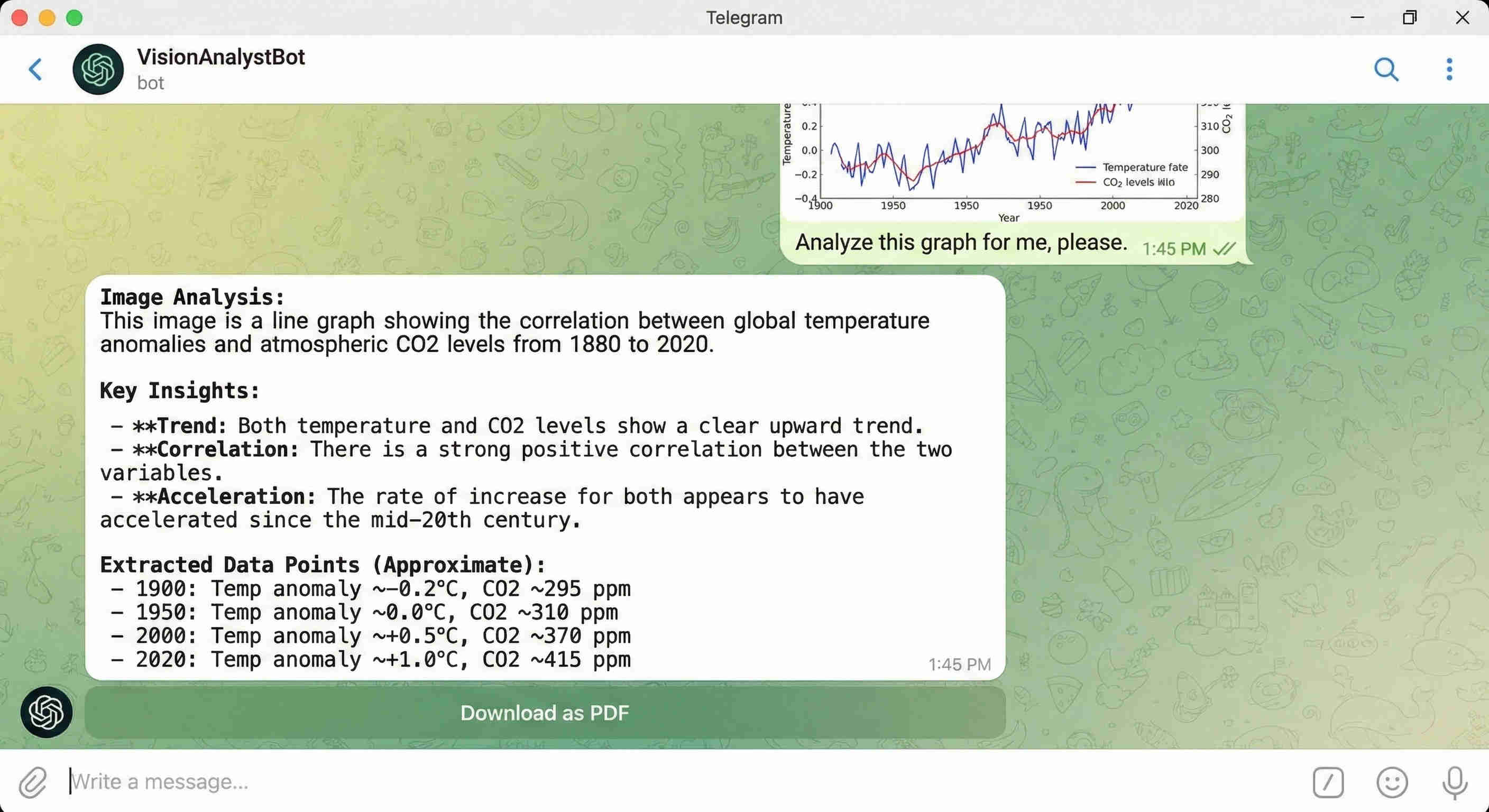 GPT-4 Vision text extraction output showing the clean, accurately extracted text from an uploaded image — all characters, numbers, and layout structure preserved and returned as a copyable Telegram message