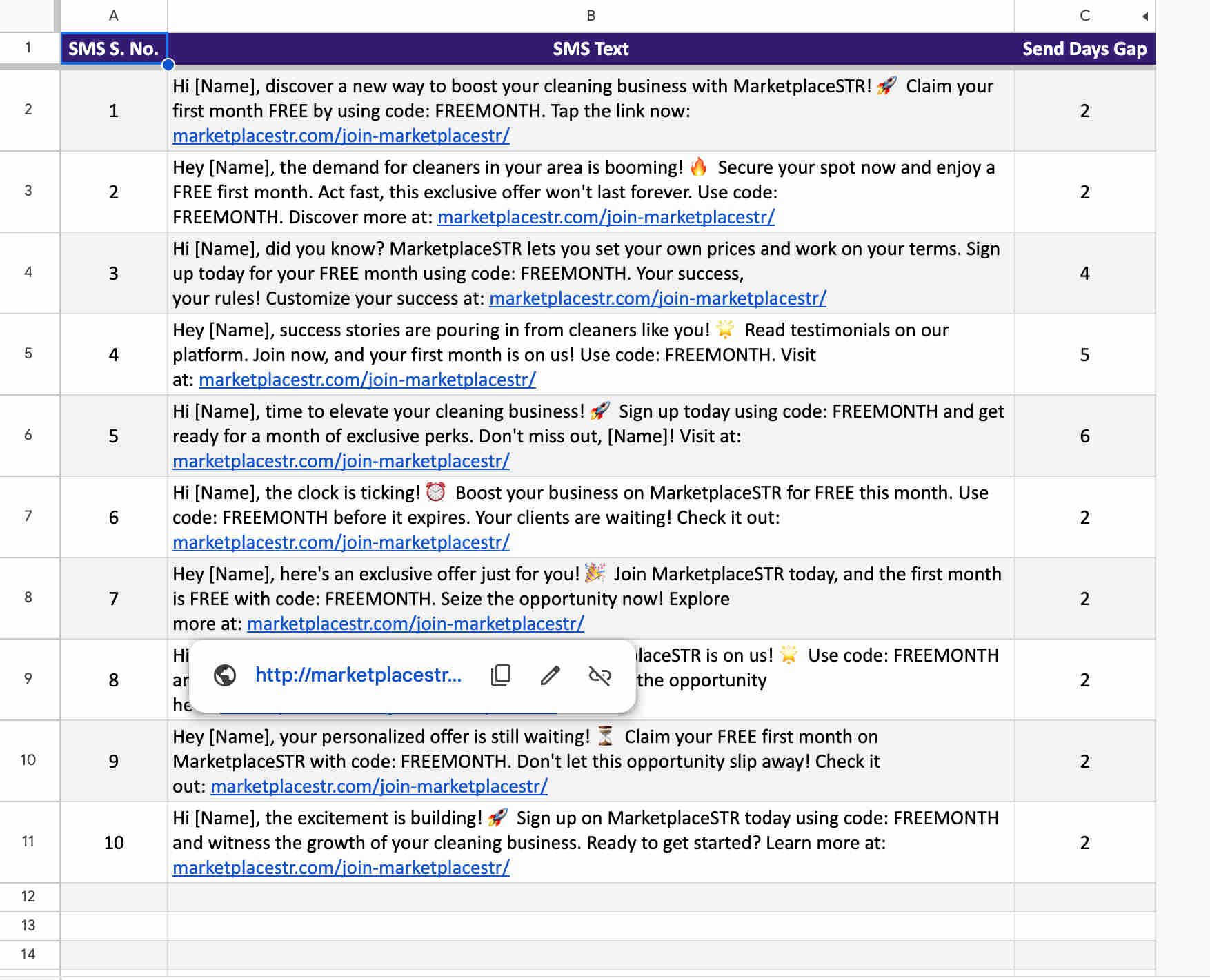SMS message template library sheet in Google Sheets showing the 10 customisable nurture sequence templates stored for sequential delivery — each row containing the template number and message content for its corresponding stage in the drip campaign