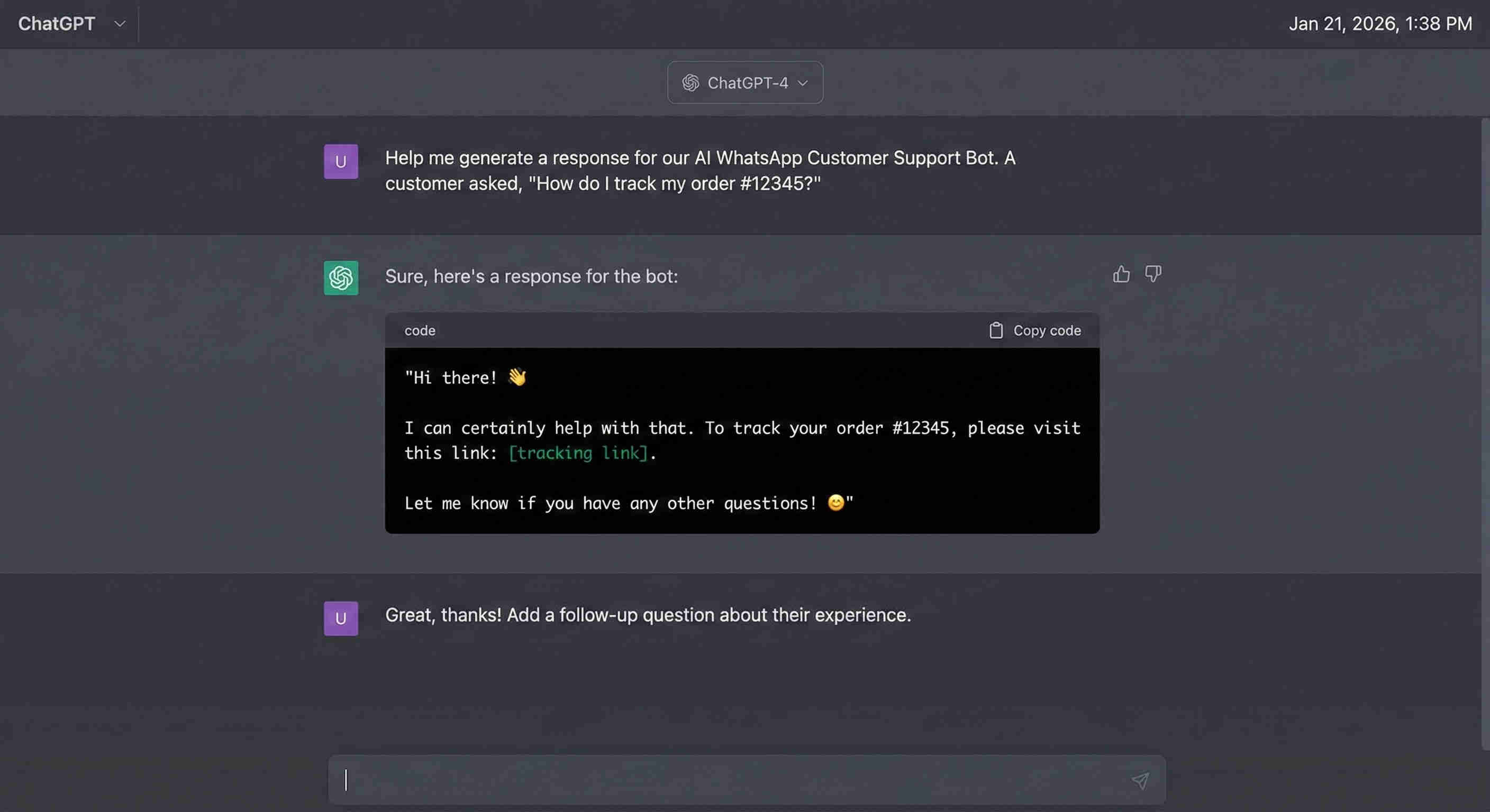 ChatGPT response generation interface showing the prompt structure with business knowledge base system prompt, conversation history context array, and customer message input generating a natural personalised WhatsApp reply