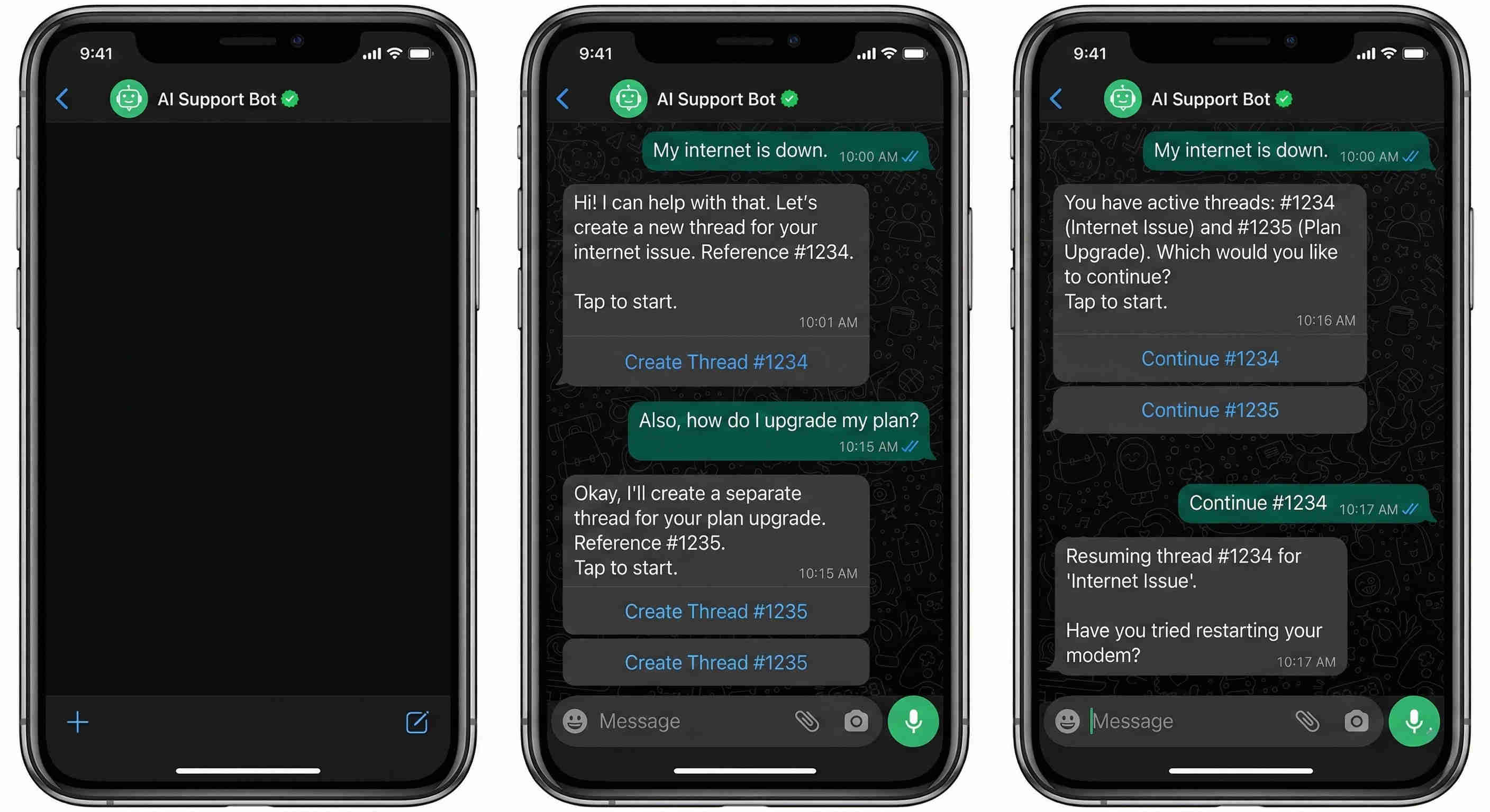 Conversation thread management showing the Data Store conversation history structure with customer phone number, thread ID, timestamped message pairs, and complete interaction history maintained for context-aware multi-turn WhatsApp conversations