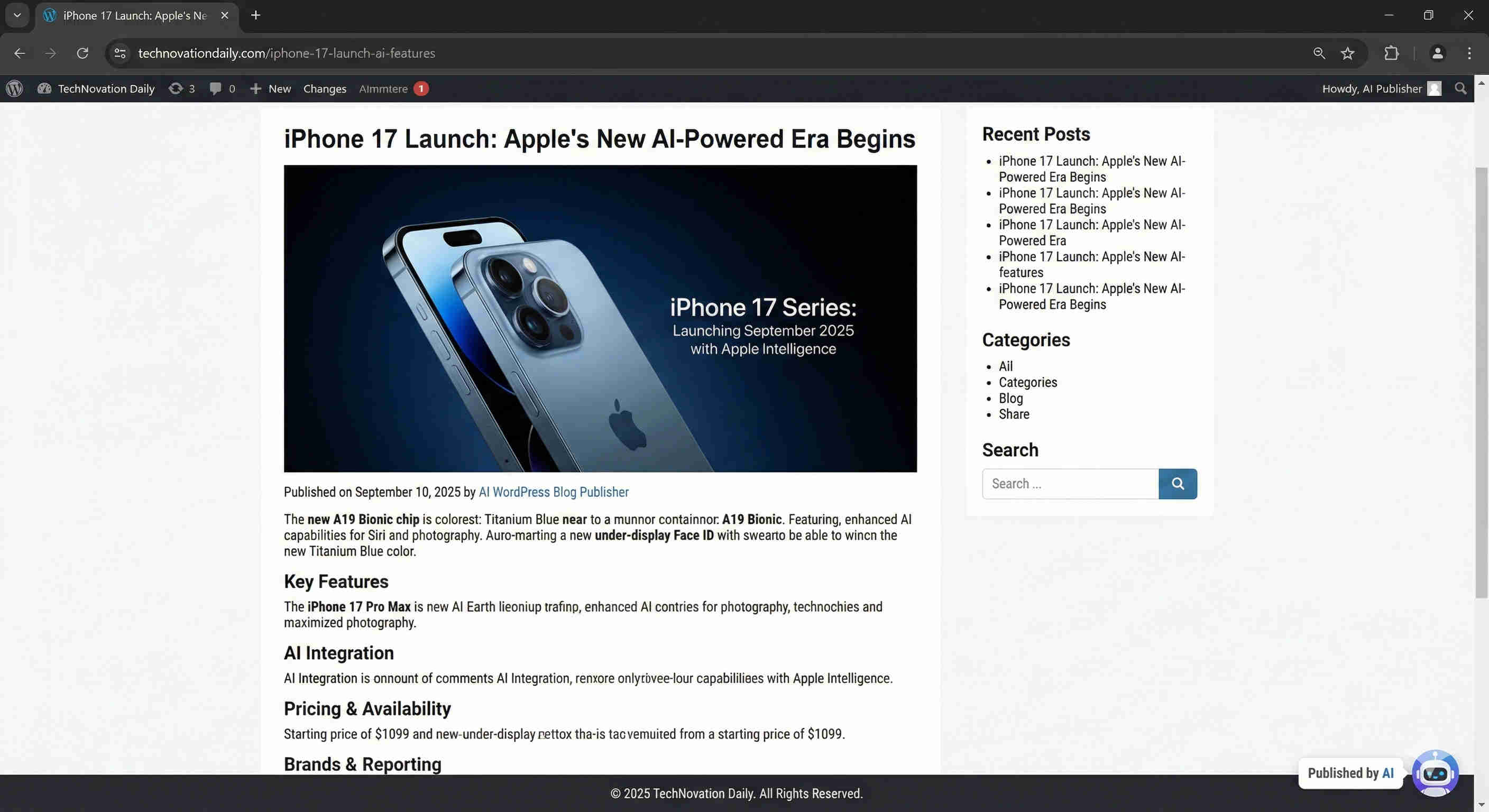 WordPress published blog post showing complete AI-generated article with proper heading structure, custom DALL-E featured image, formatted content, and SEO metadata all published automatically via WordPress API