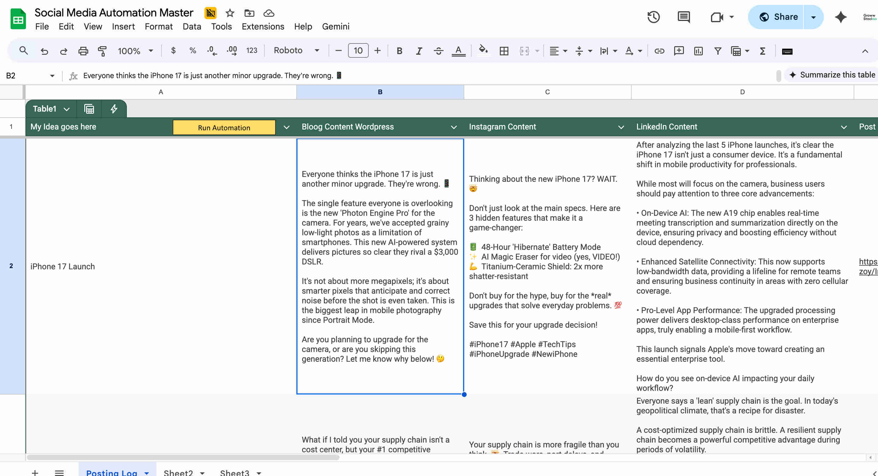 Google Sheets blog idea management dashboard showing content topics, main themes, target keywords, and publishing status columns — the simple input interface that triggers the complete AI blog creation and WordPress publishing pipeline