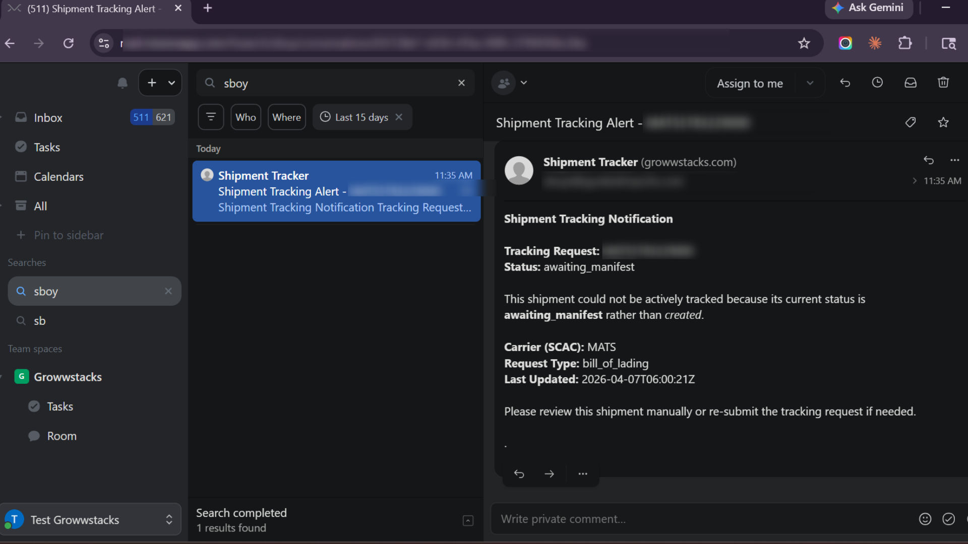 Automated customer shipment tracking update email sent via Missive