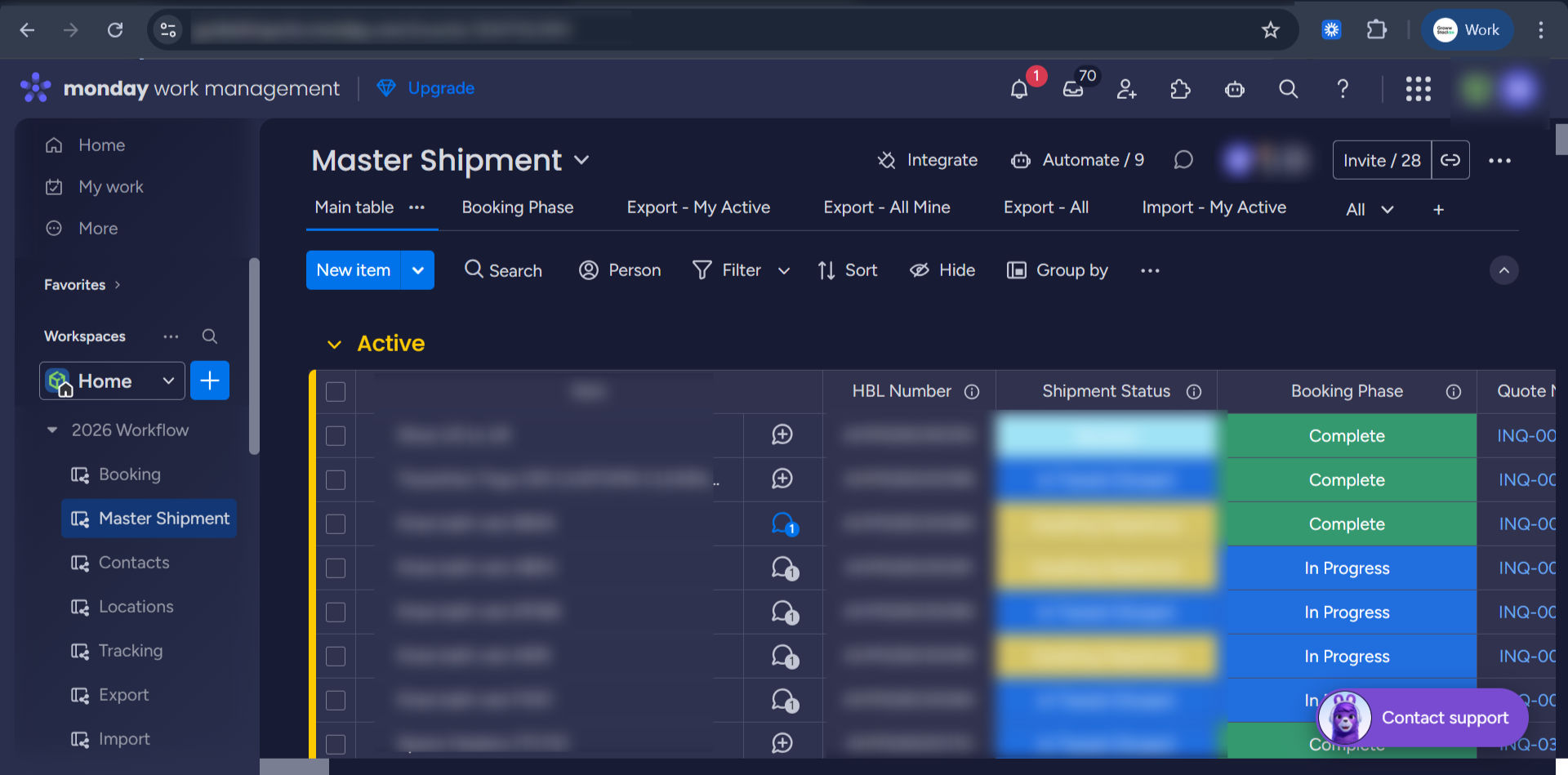 Monday.com shipment tracking board showing container bookings, carrier statuses, and tracking details