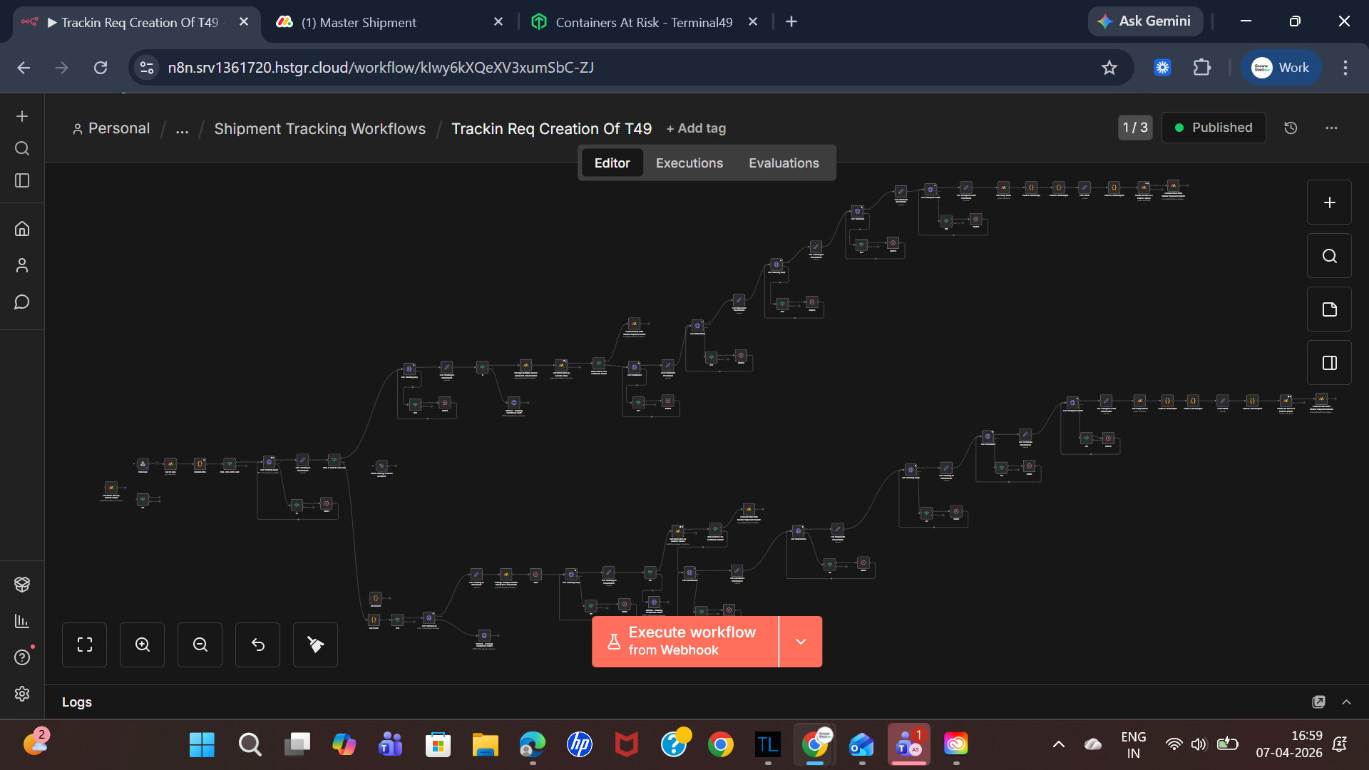 n8n workflow orchestrating the shipment tracking pipeline from Terminal 49 webhooks to Monday.com updates and Missive emails
