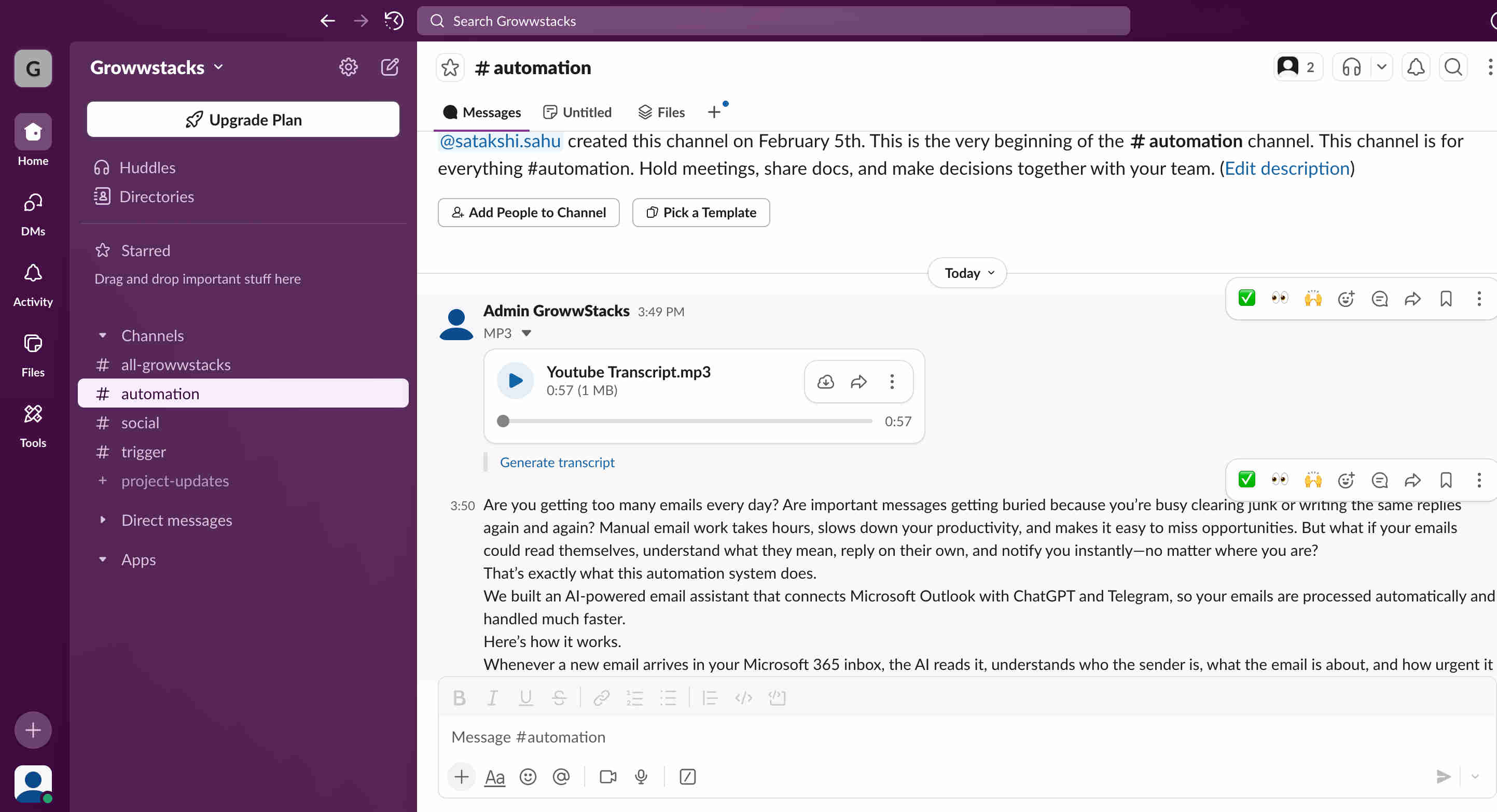 Slack team notification showing video summary delivery with video title, text summary preview, and links to full text summary in Google Drive and ElevenLabs audio file download — immediately accessible to all team members in the designated channel