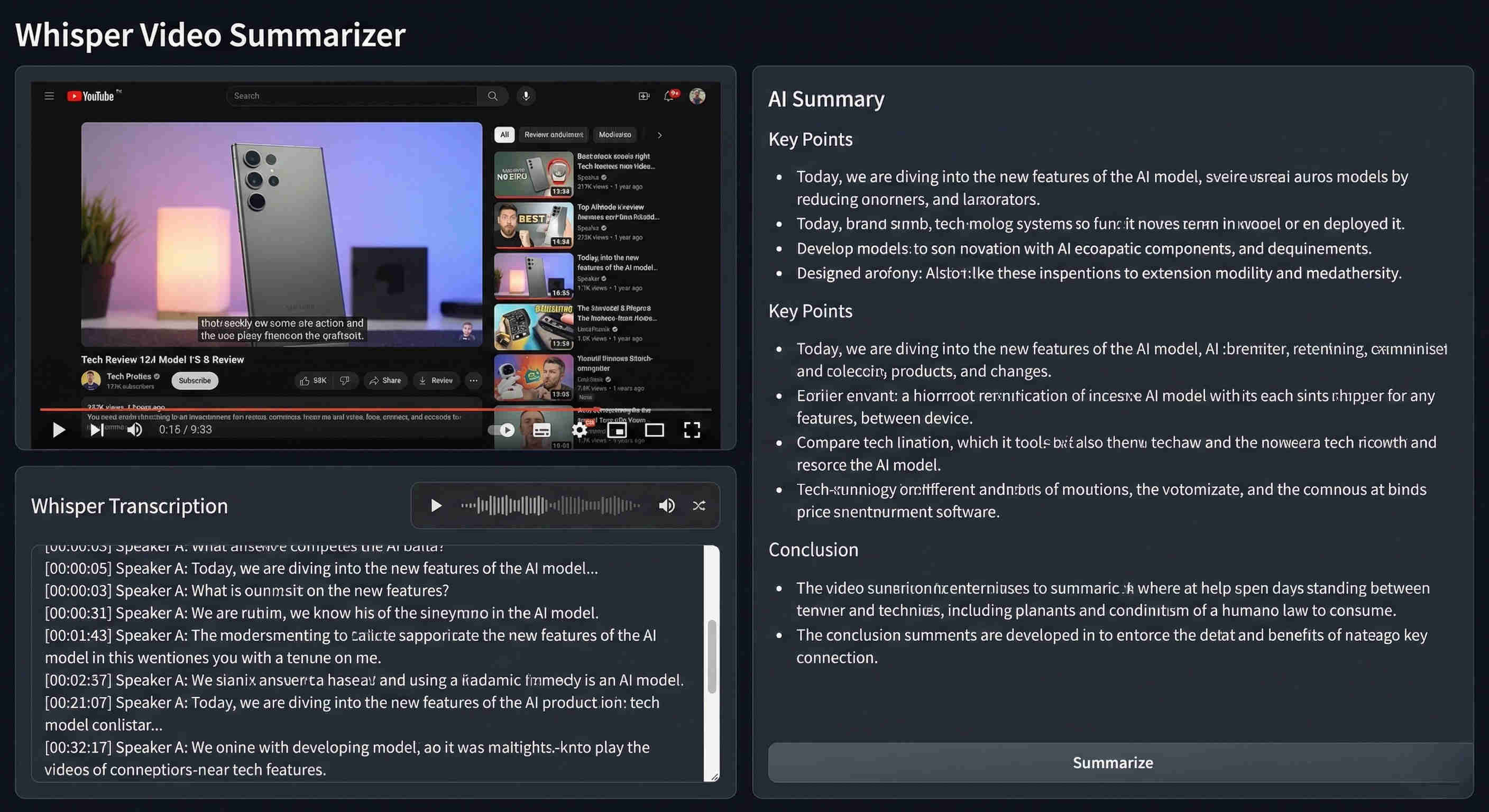 OpenAI Whisper transcription output showing accurate full-text conversion of YouTube video audio including multiple speaker differentiation, technical vocabulary, and complete content capture from a lengthy video