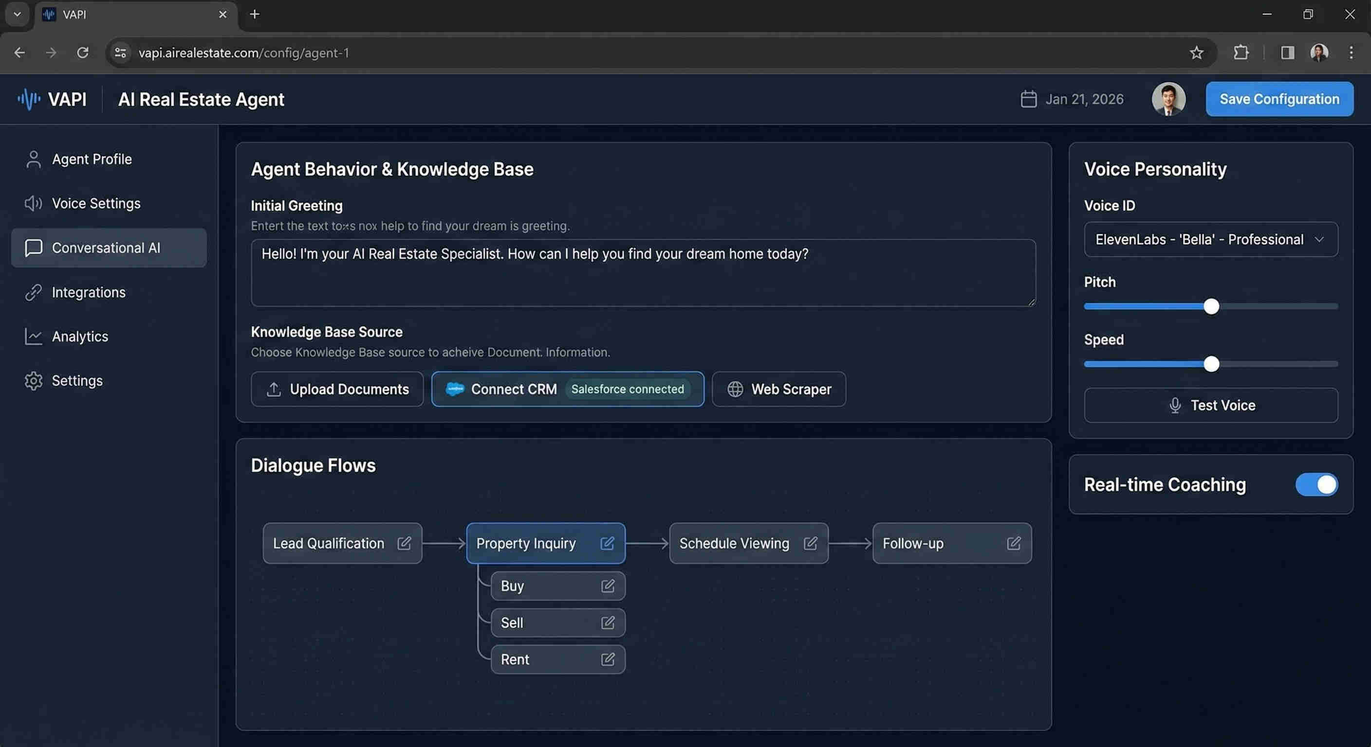VAPI voice AI agent configuration panel showing real estate qualification conversation scripts, property requirement gathering flows, local market knowledge settings, and natural dialogue configuration