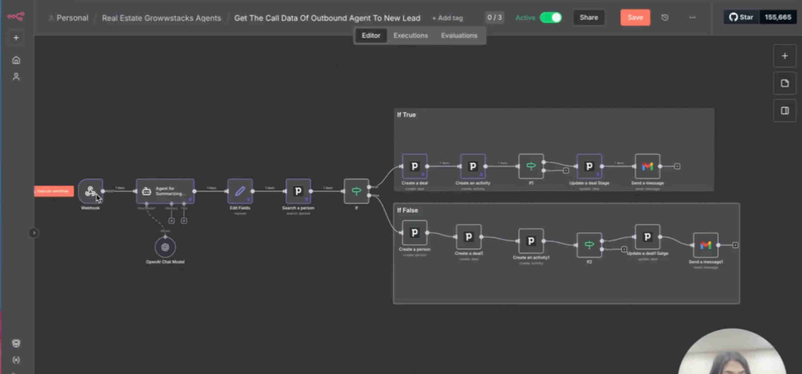 n8n workflow automation showing Google Forms trigger, VAPI call initiation via Twilio, ChatGPT transcript analysis and lead scoring, Pipedrive CRM update, and agent notification routing based on qualification score