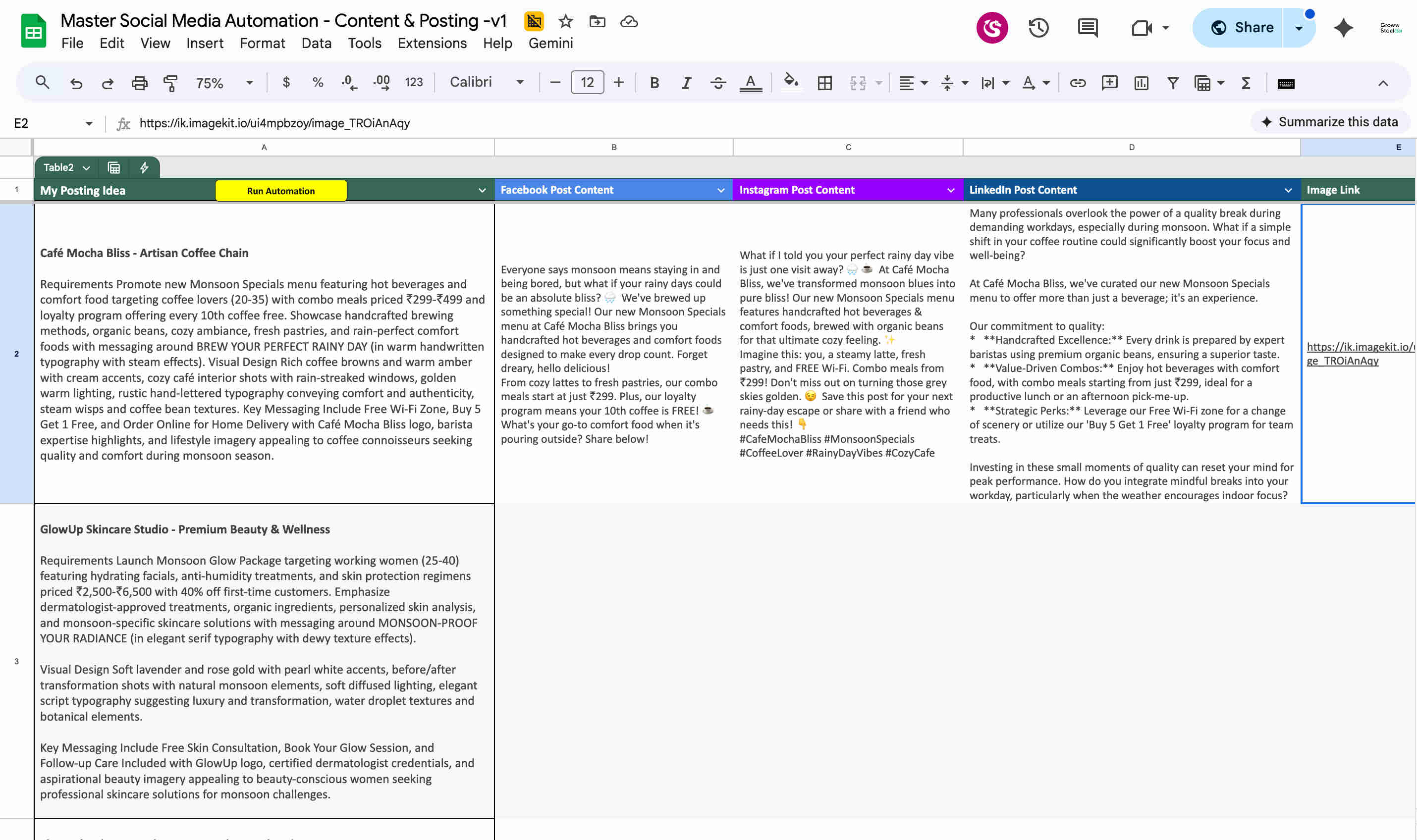 Google Sheets content dashboard showing the AI social media content generator management interface with columns for post idea, generated Facebook caption, Instagram caption, LinkedIn caption, AI image link, approval status dropdown, and publishing control buttons for Run Automation and Approve and Create Post