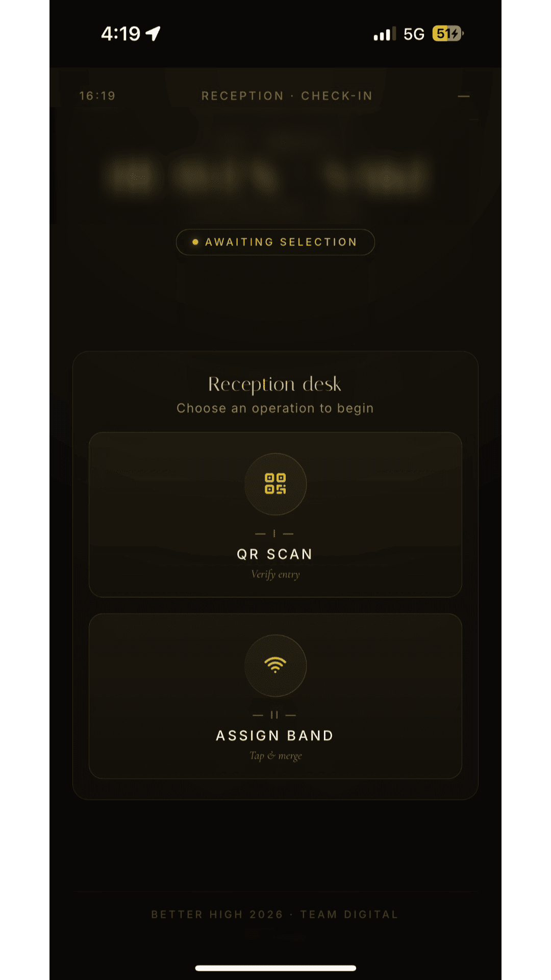 Custom Reception Desk web app showing QR SCAN and ASSIGN BAND options