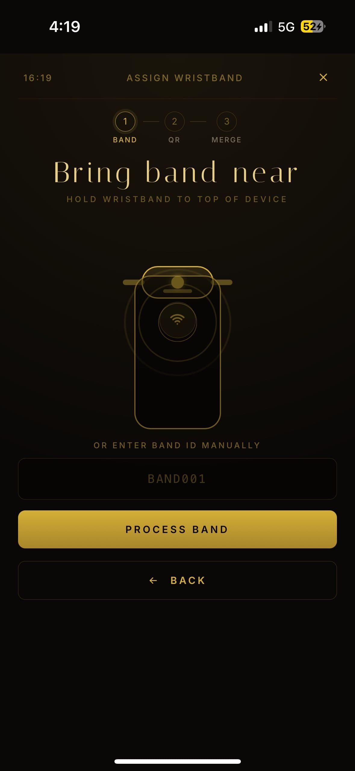 Guided 3-step Assign Wristband interface on the custom web app