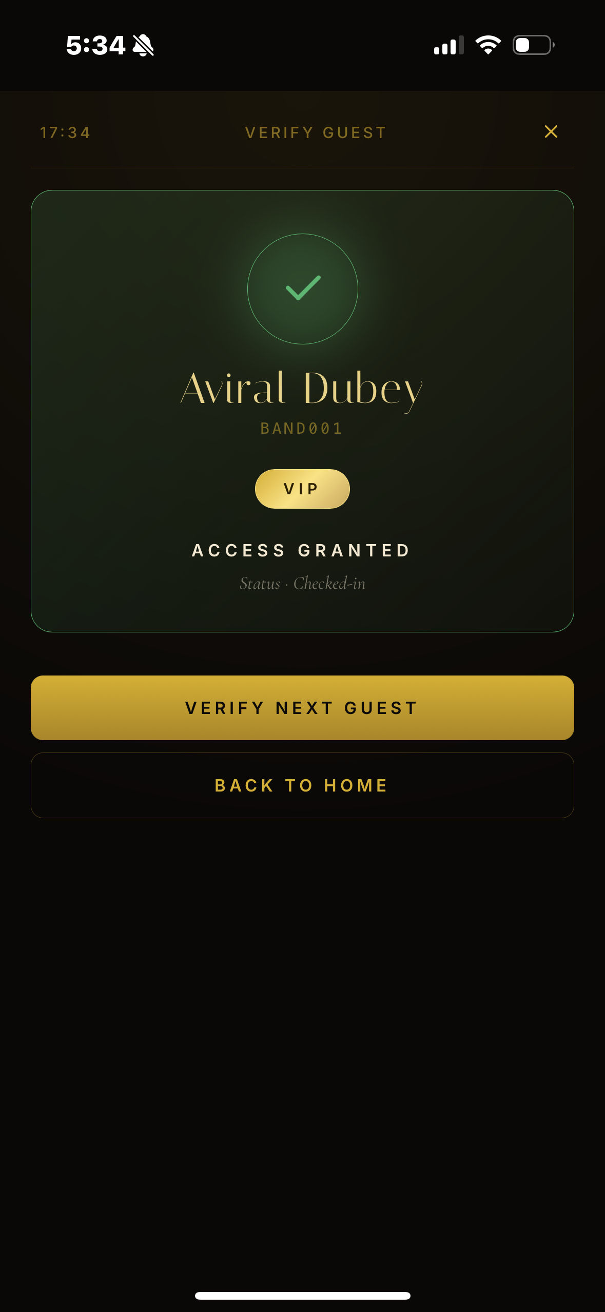Access Granted check-in confirmation screen showing guest profile details