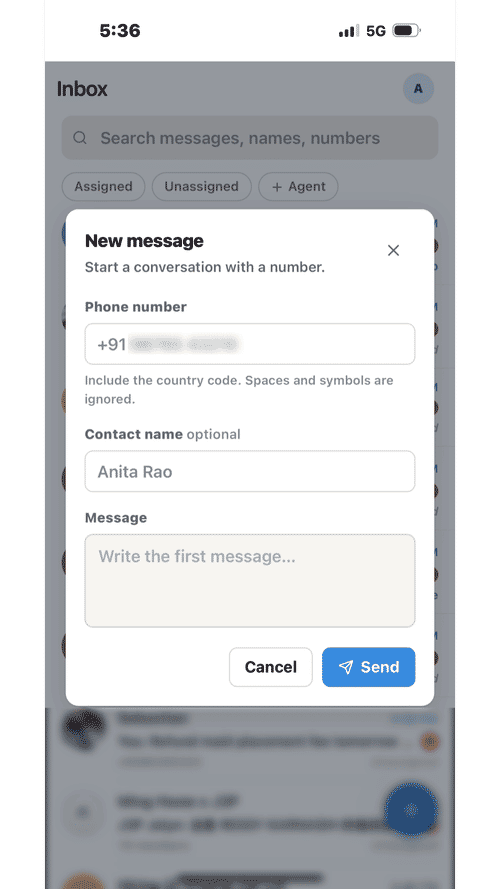 New message dialog for starting a conversation by phone number, with assigned, unassigned and per-agent filters