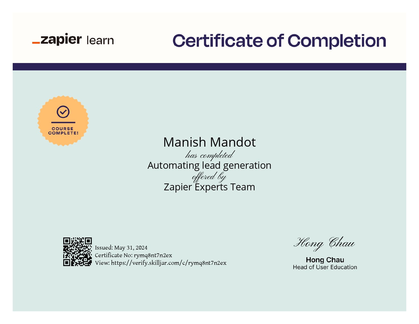 Zapier Learning Certificate
