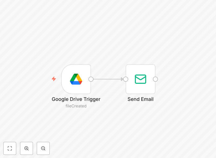 Google Drive file notification automation workflow interface showing trigger and email nodes