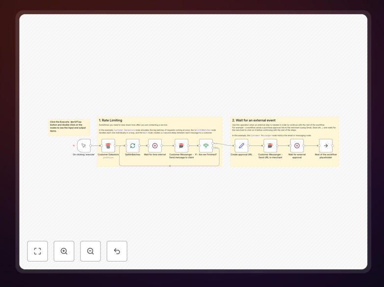 n8n workflow showing rate limiting and external event nodes