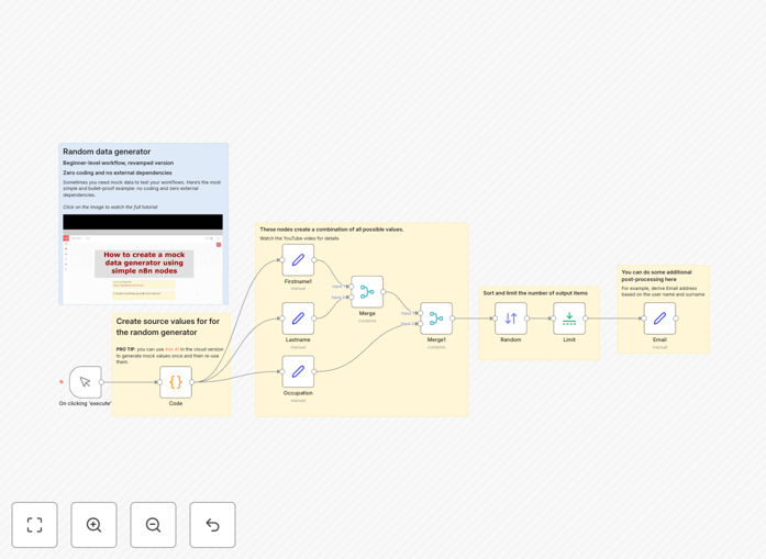 n8n workflow interface for generating random mock data