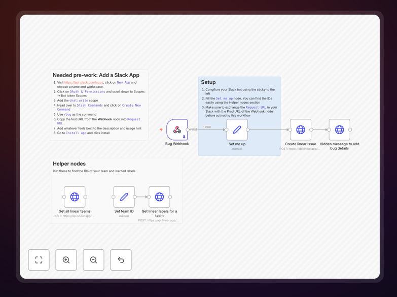 Slack to Linear bug reporting automation workflow interface