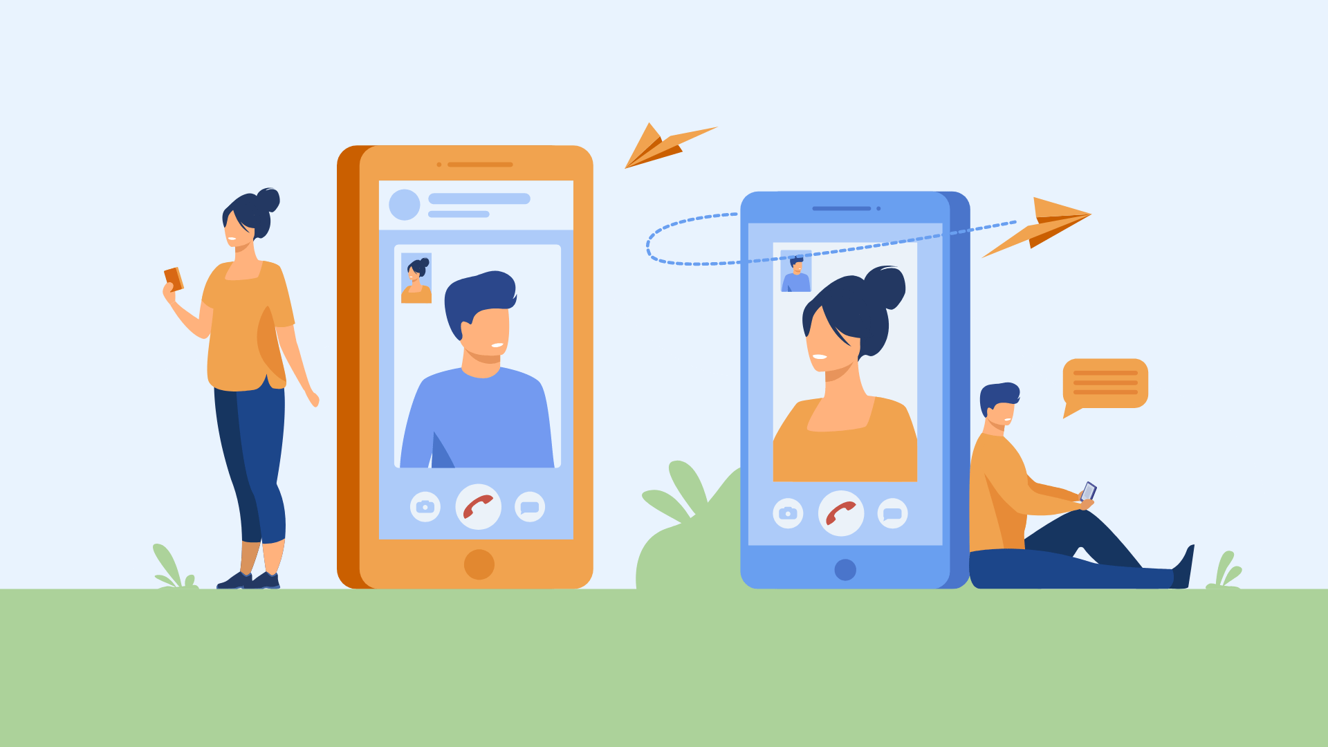 Illustration of two people automating voice calls and SMS applications with Plivo and Make.com