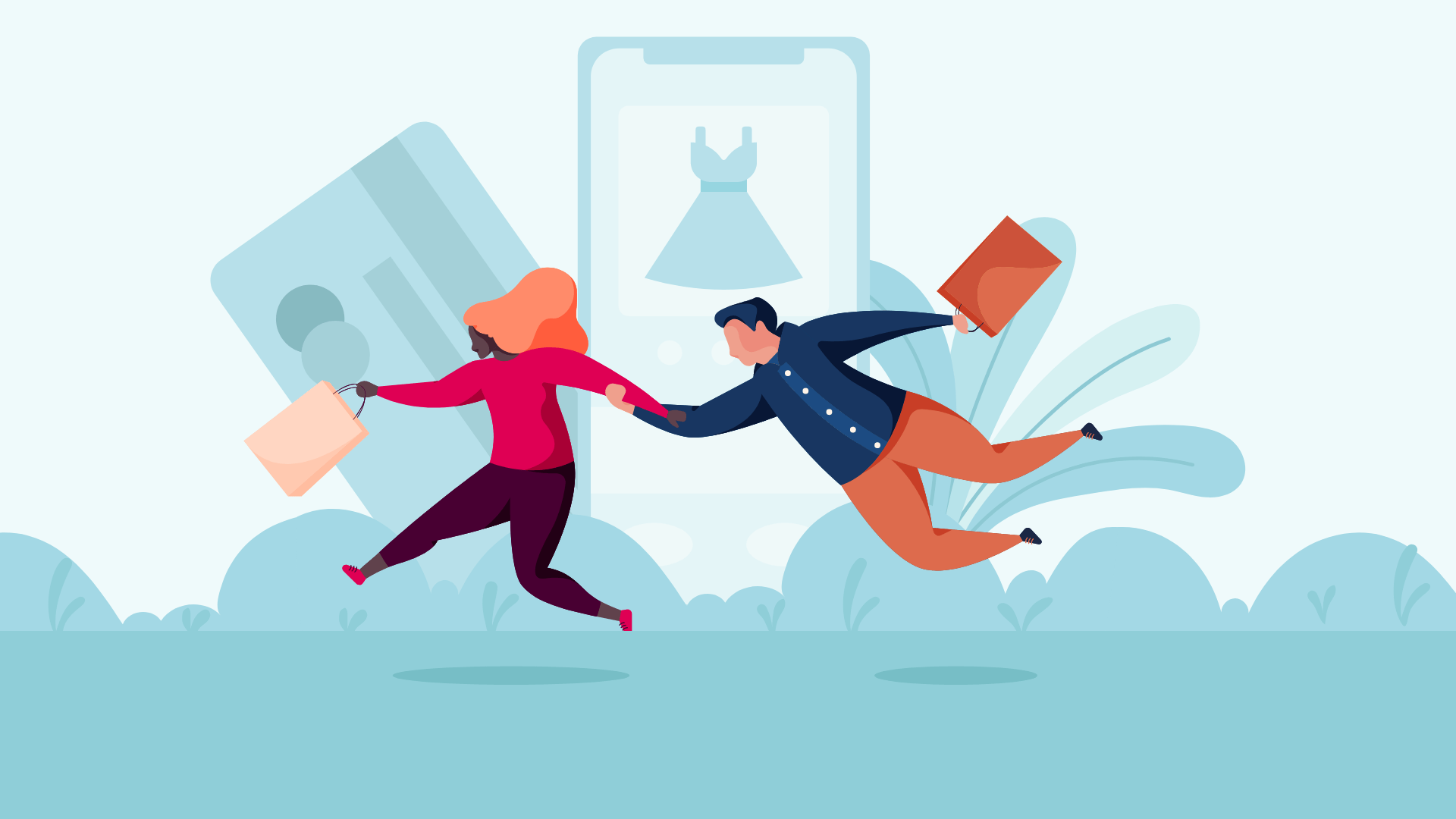 Illustration of e-commerce customers with shopping bags flying around digital stores, representing customer segmentation.