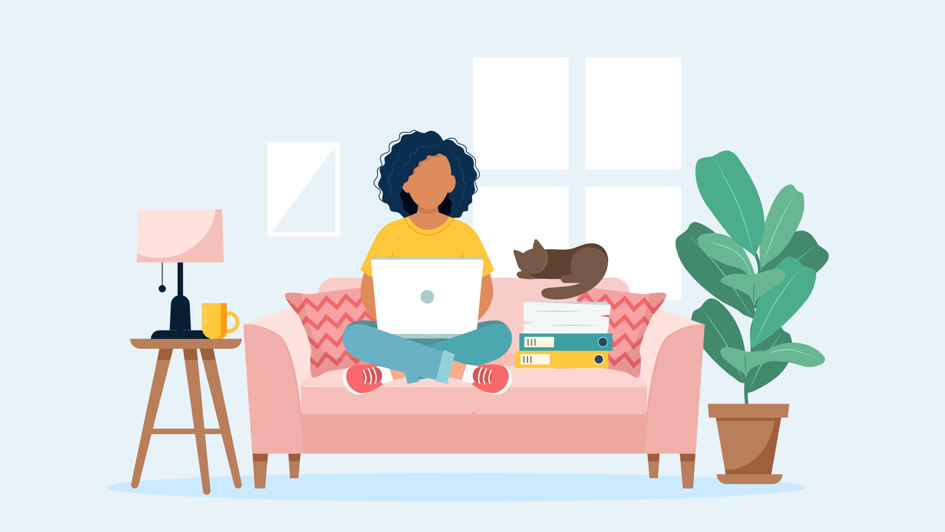 Illustration of a person being onboarded remotely, with various digital tools and processes represented