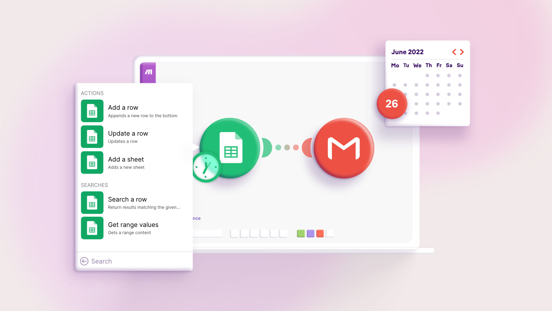 Illustration of Google Sheets and email icons connected by an automation flow, representing the 'Watch Changes' module in Make.com