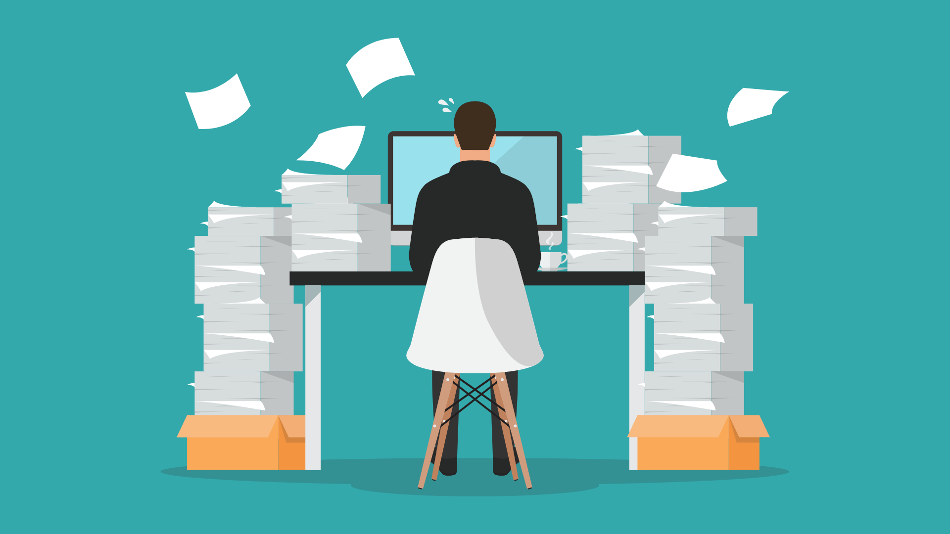 A person surrounded by stacks of paper, symbolizing the burden of paperwork, with a digital overlay suggesting automation.