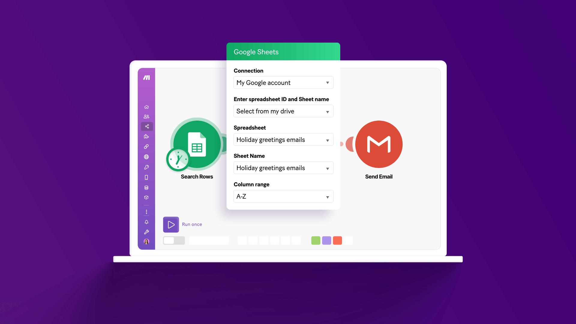 Screenshot of Make.com scenario for sending emails from Google Sheets