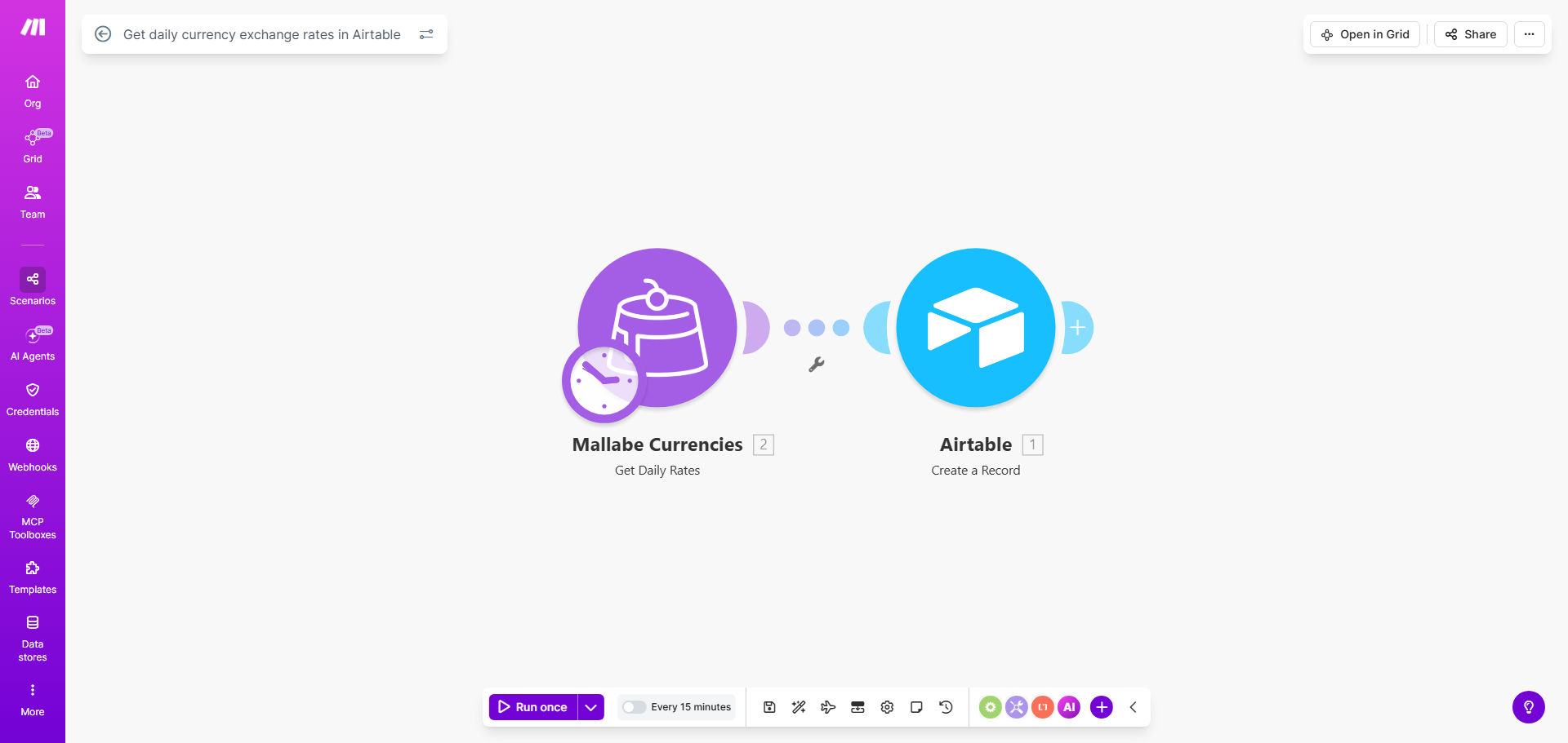 Make.com workflow diagram showing automation for fetching daily currency exchange rates into Airtable