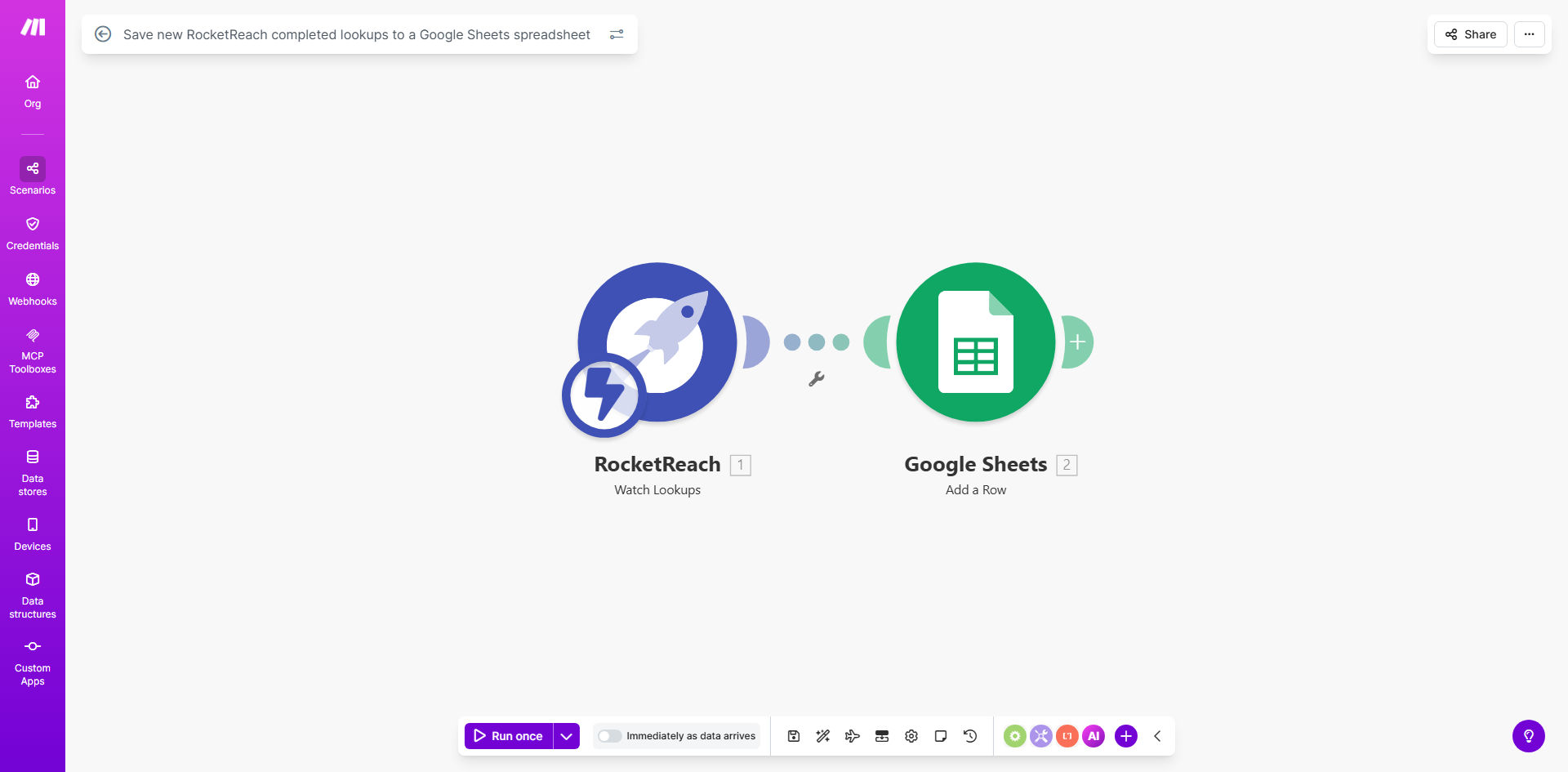 Make.com automation workflow diagram showing RocketReach connected to Google Sheets
