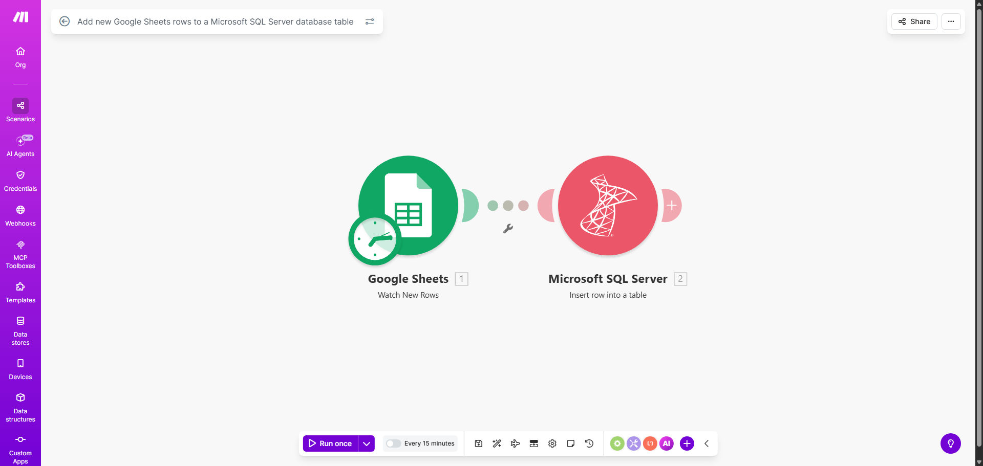 Diagram showing automation flow from Google Sheets to Microsoft SQL Server database