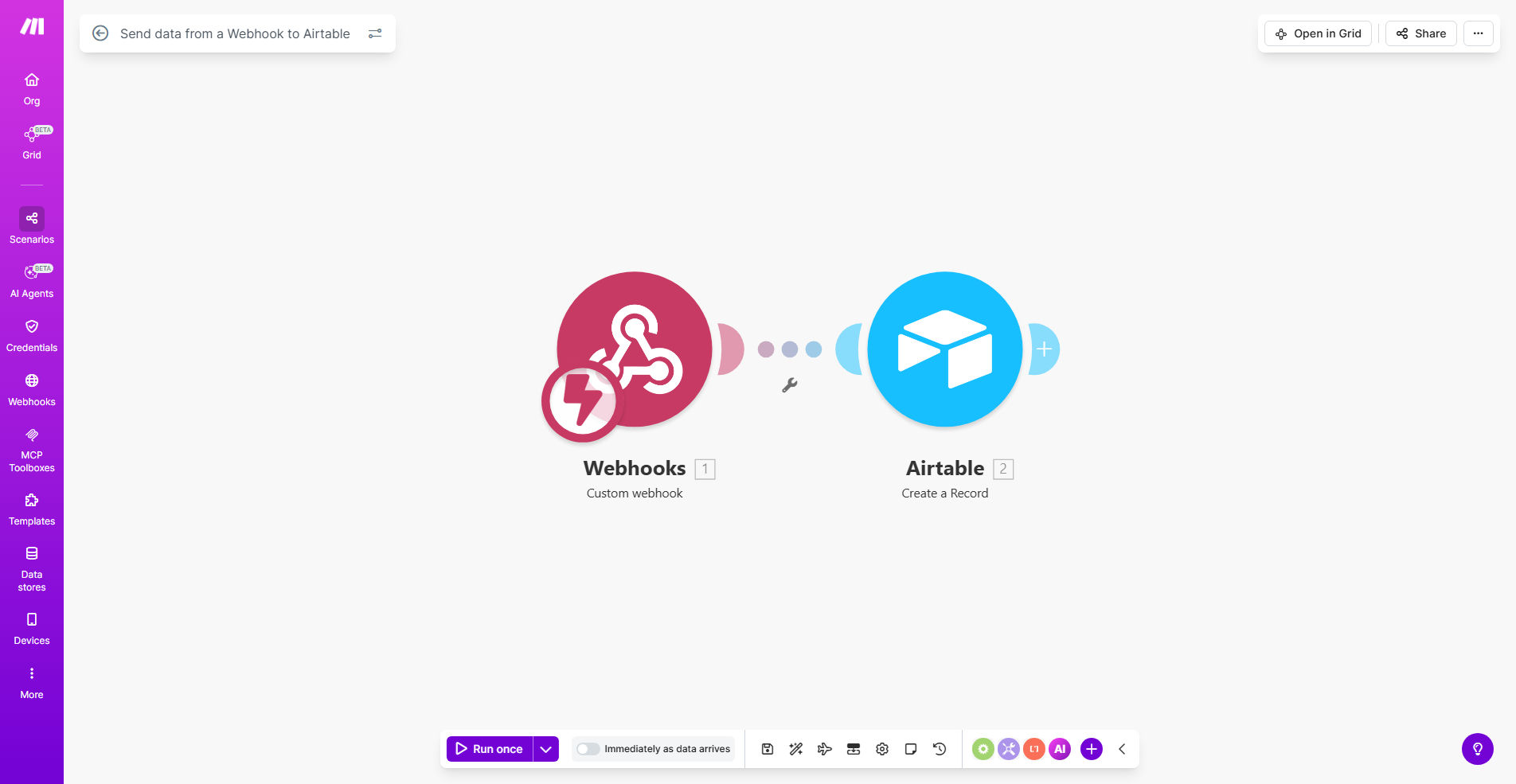 Webhook to Airtable workflow diagram showing data flow