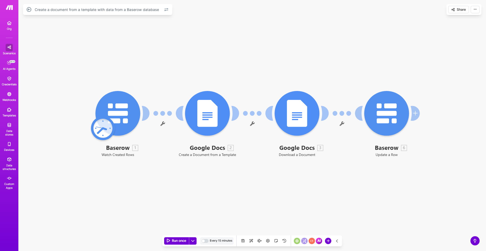 Document automation workflow diagram showing Baserow data flowing into Google Docs template
