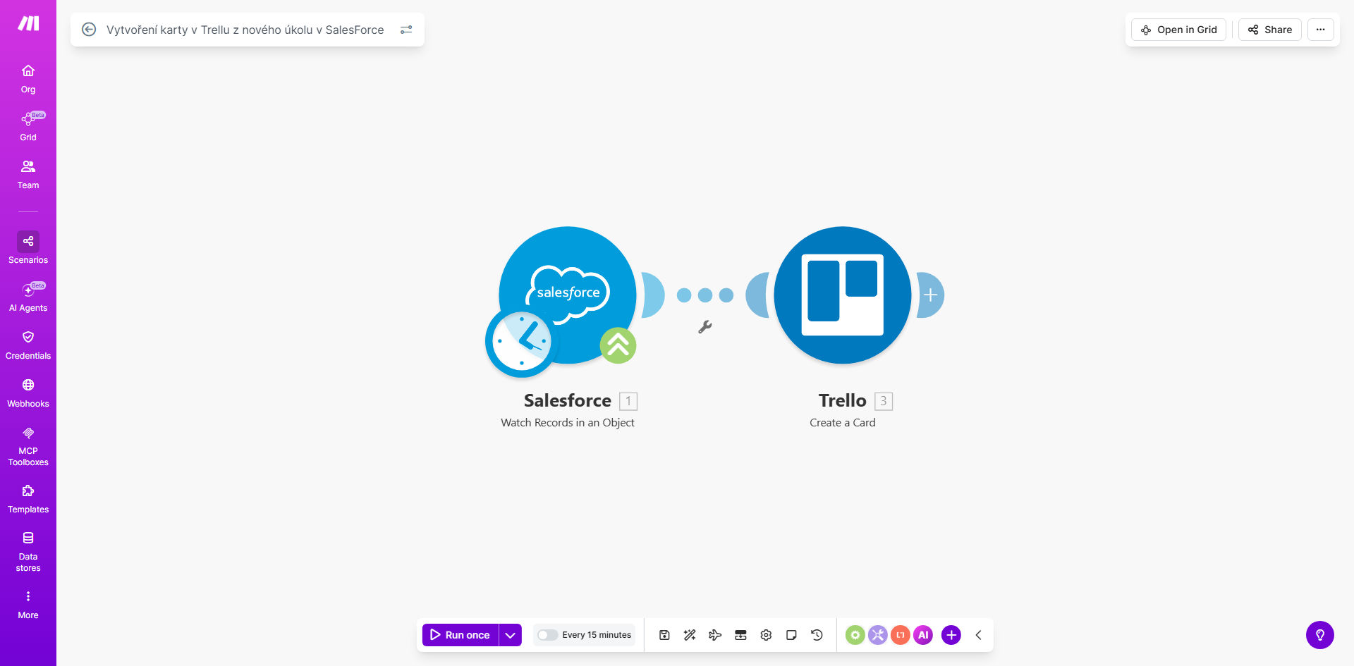 Visual diagram showing automation flow from Salesforce to Trello creating cards