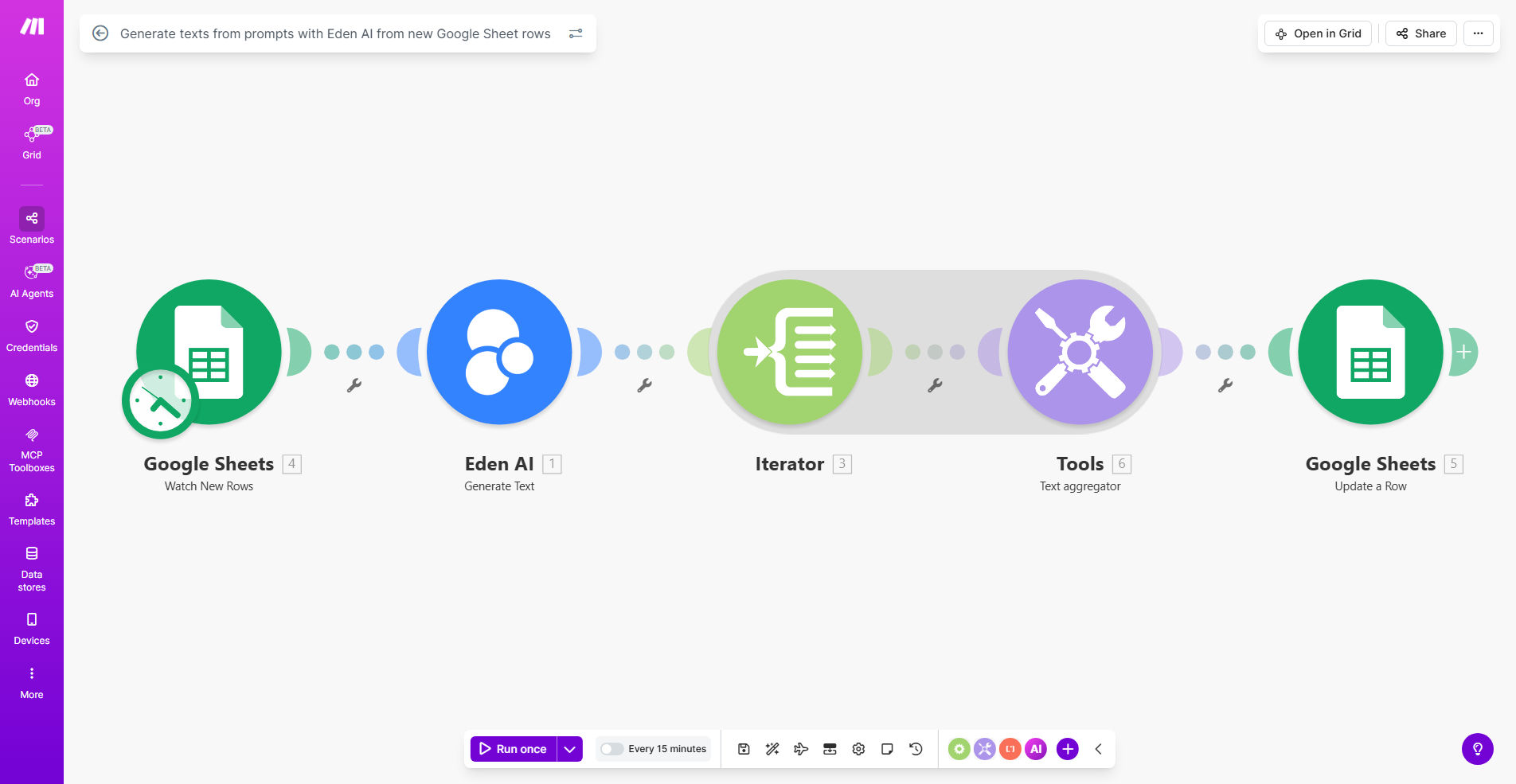Automated AI text generation workflow diagram showing Google Sheets to Eden AI integration