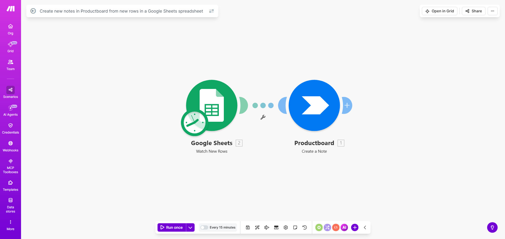Diagram showing automation from Google Sheets rows to Productboard notes