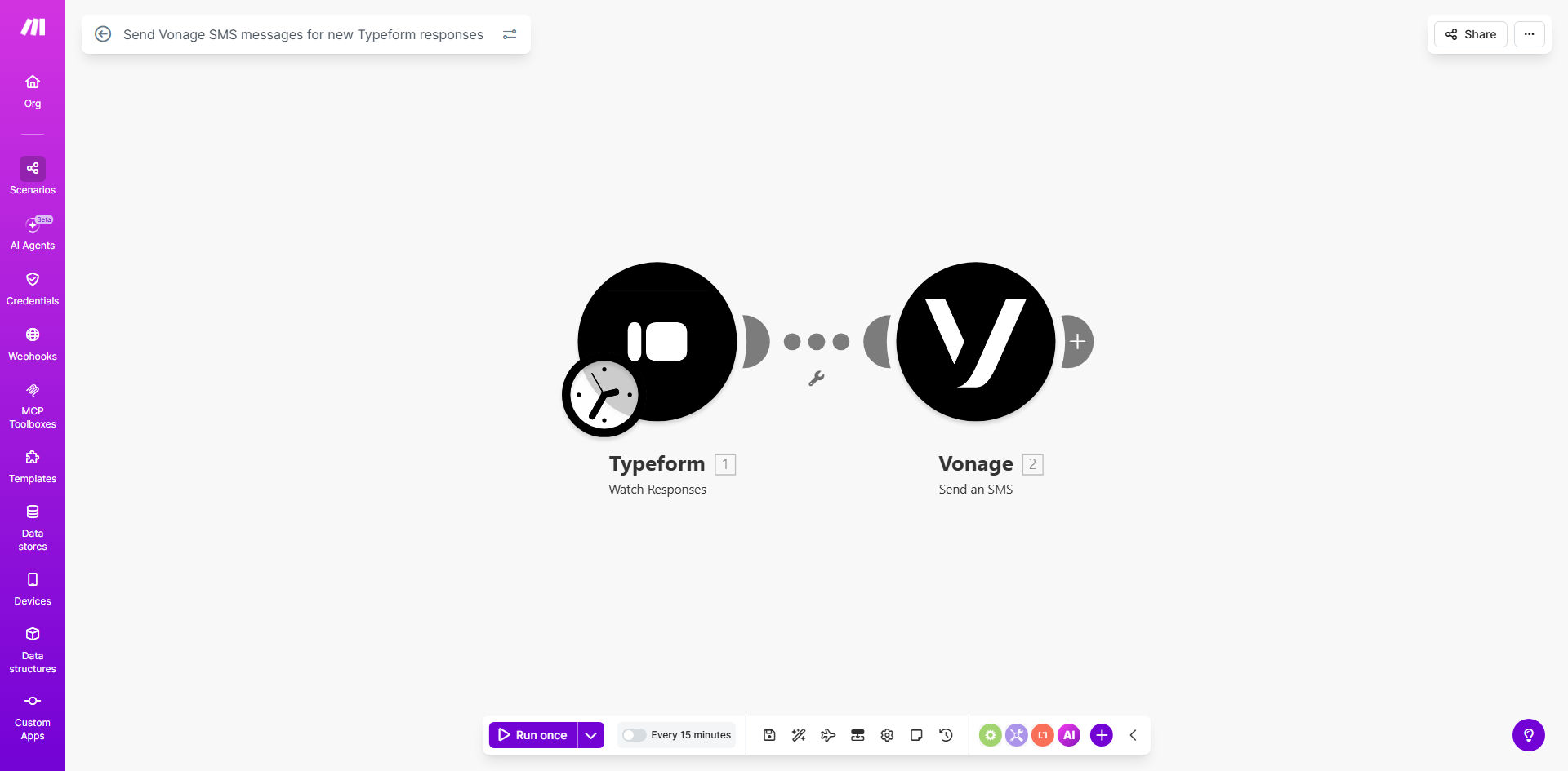 Make.com workflow diagram showing Typeform triggering a Vonage SMS module