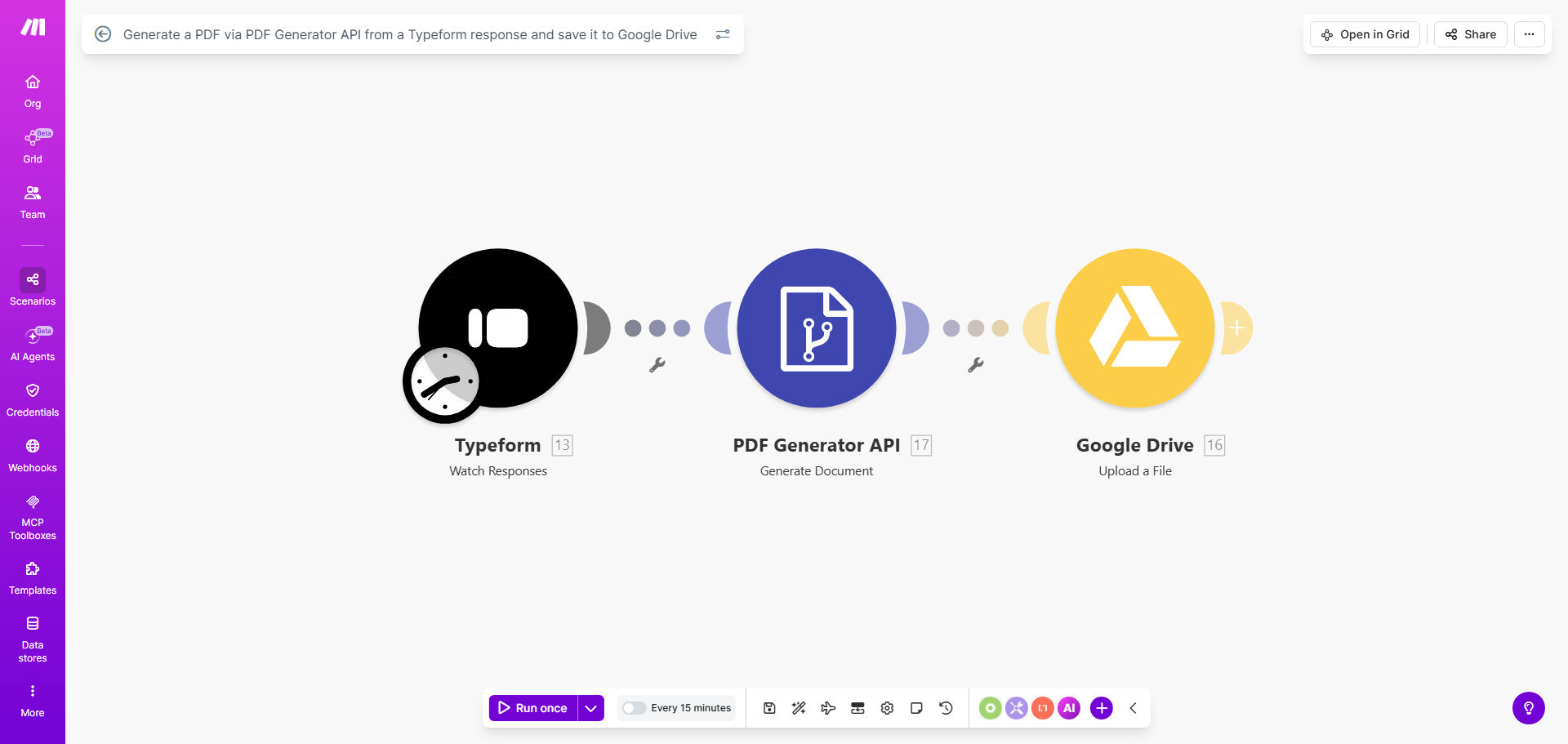 Make.com workflow diagram showing Typeform, PDF Generator API, and Google Drive integration