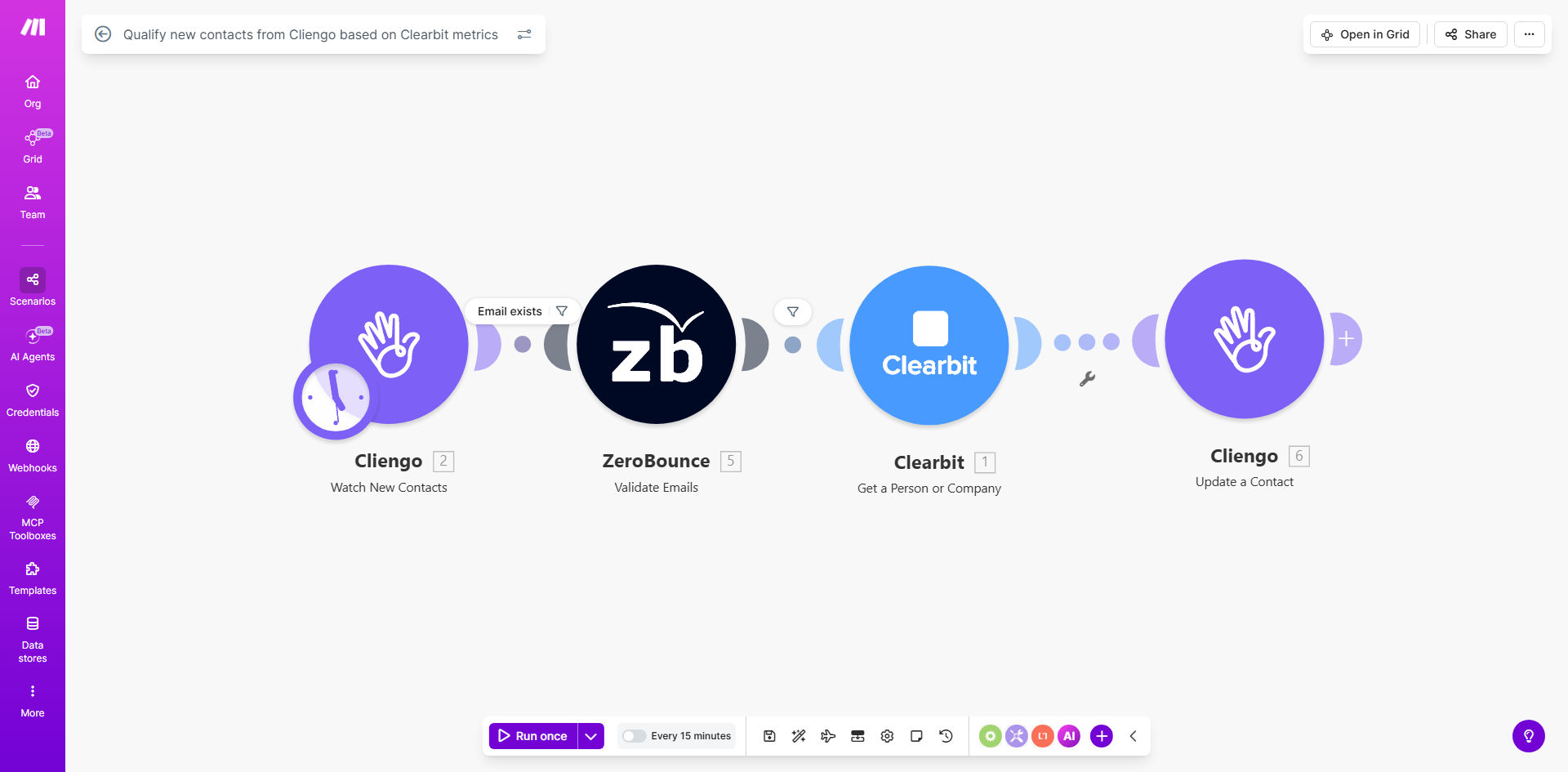 Make.com workflow diagram showing lead qualification from Cliengo to Clearbit and Hunter