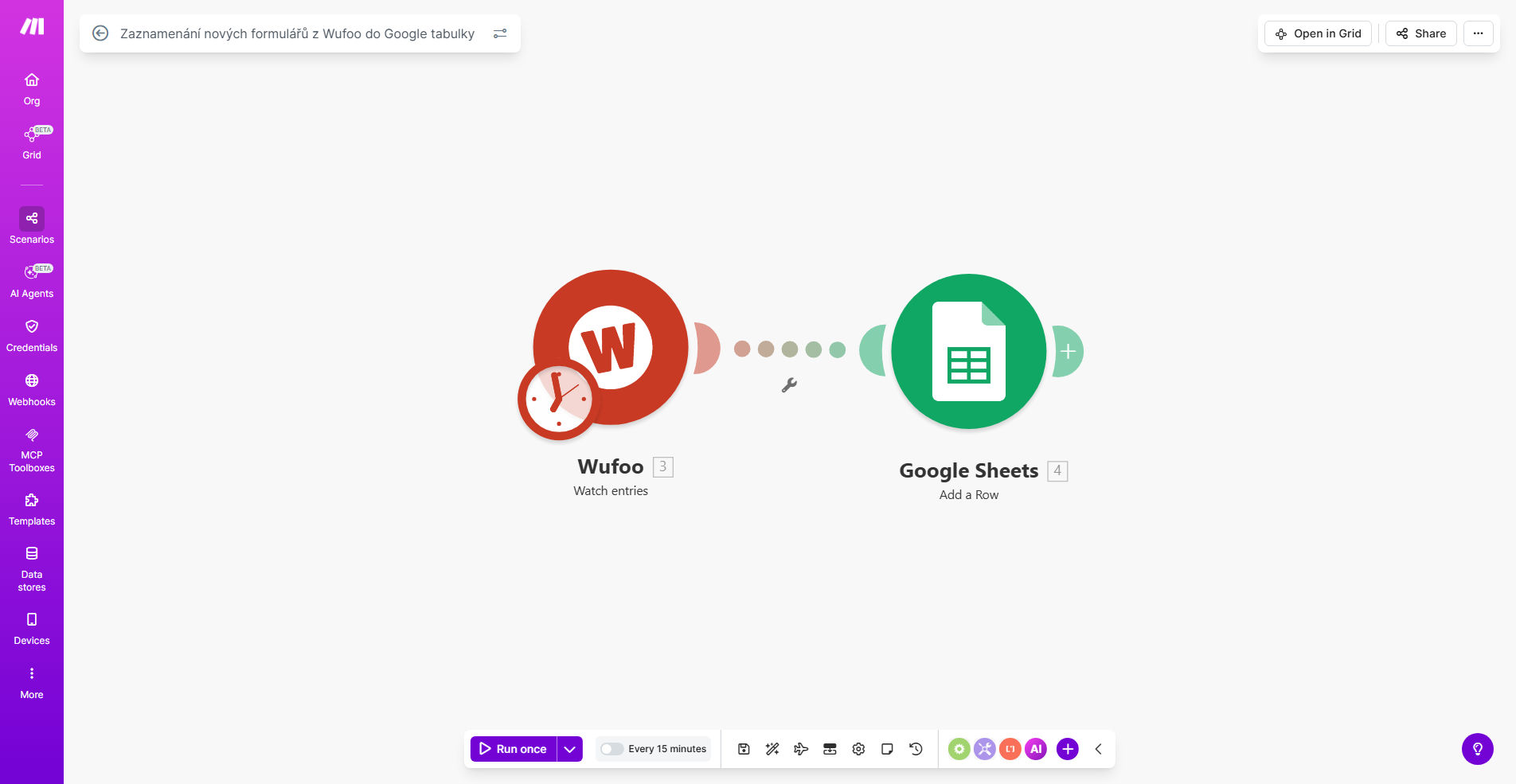 Make.com workflow diagram showing Wufoo form entries being added to Google Sheets