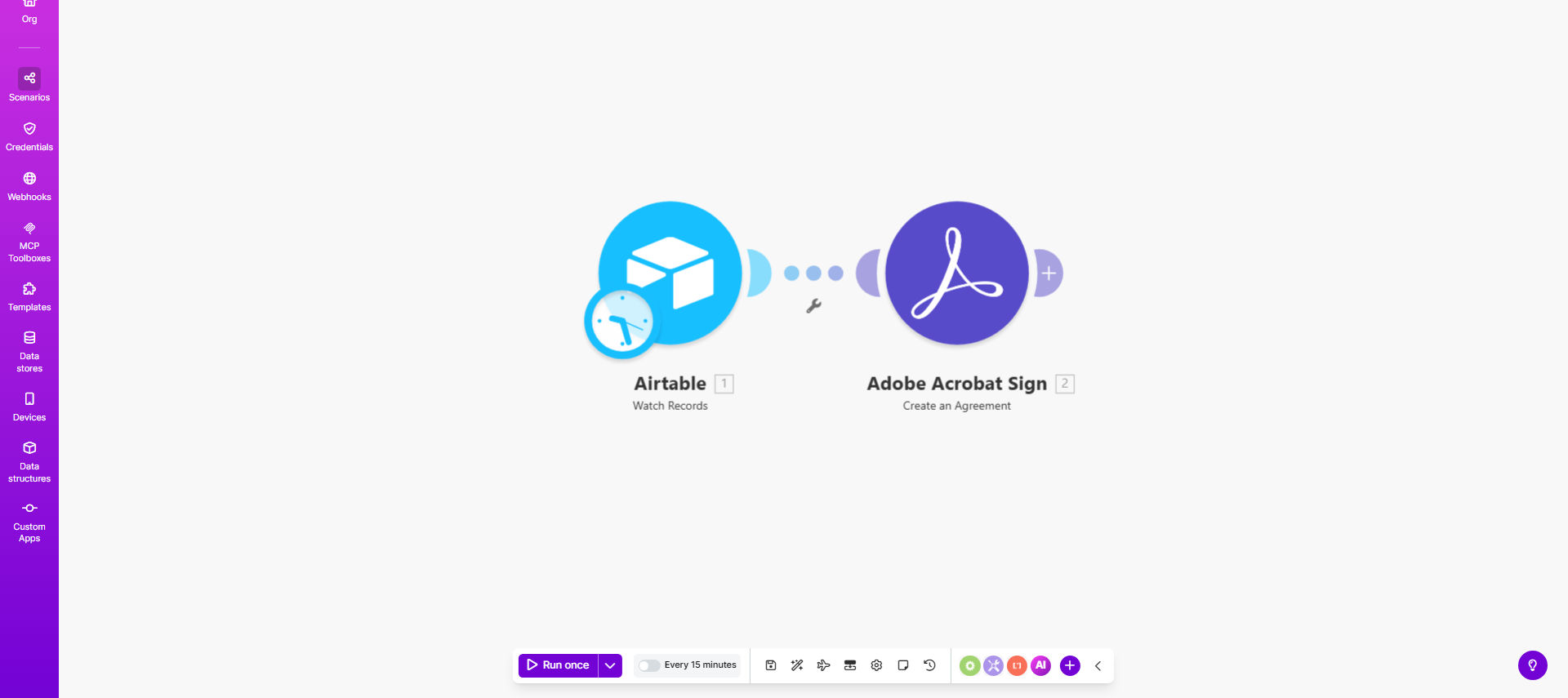 Make.com workflow diagram showing Airtable to Adobe Sign integration