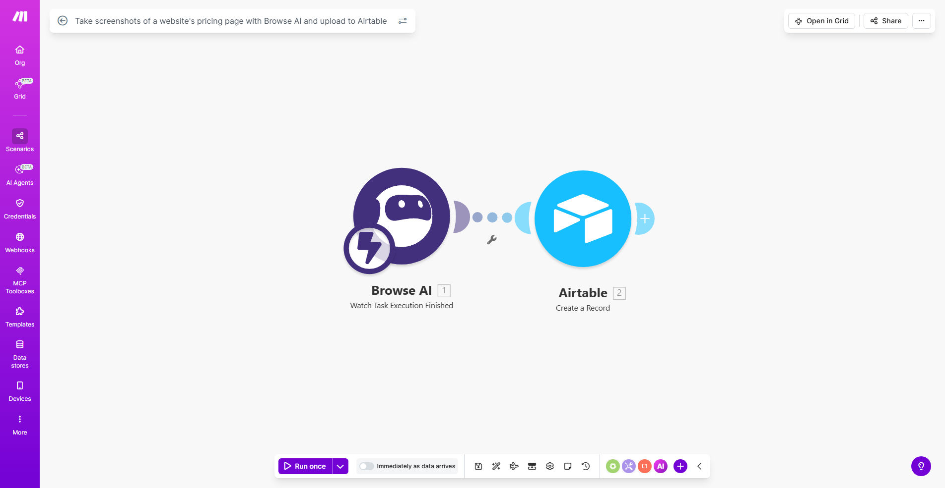 Automated pricing page screenshot workflow diagram showing Browse AI capturing screenshots and saving to Airtable