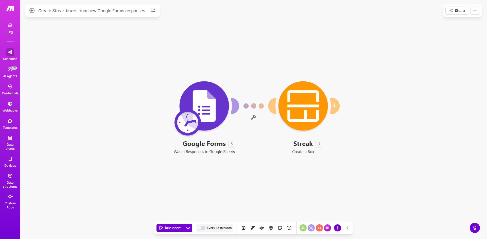 Make.com workflow diagram showing Google Forms to Streak CRM integration