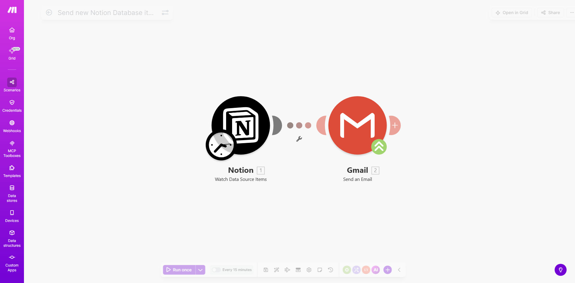 Make.com workflow diagram showing Notion to Gmail integration
