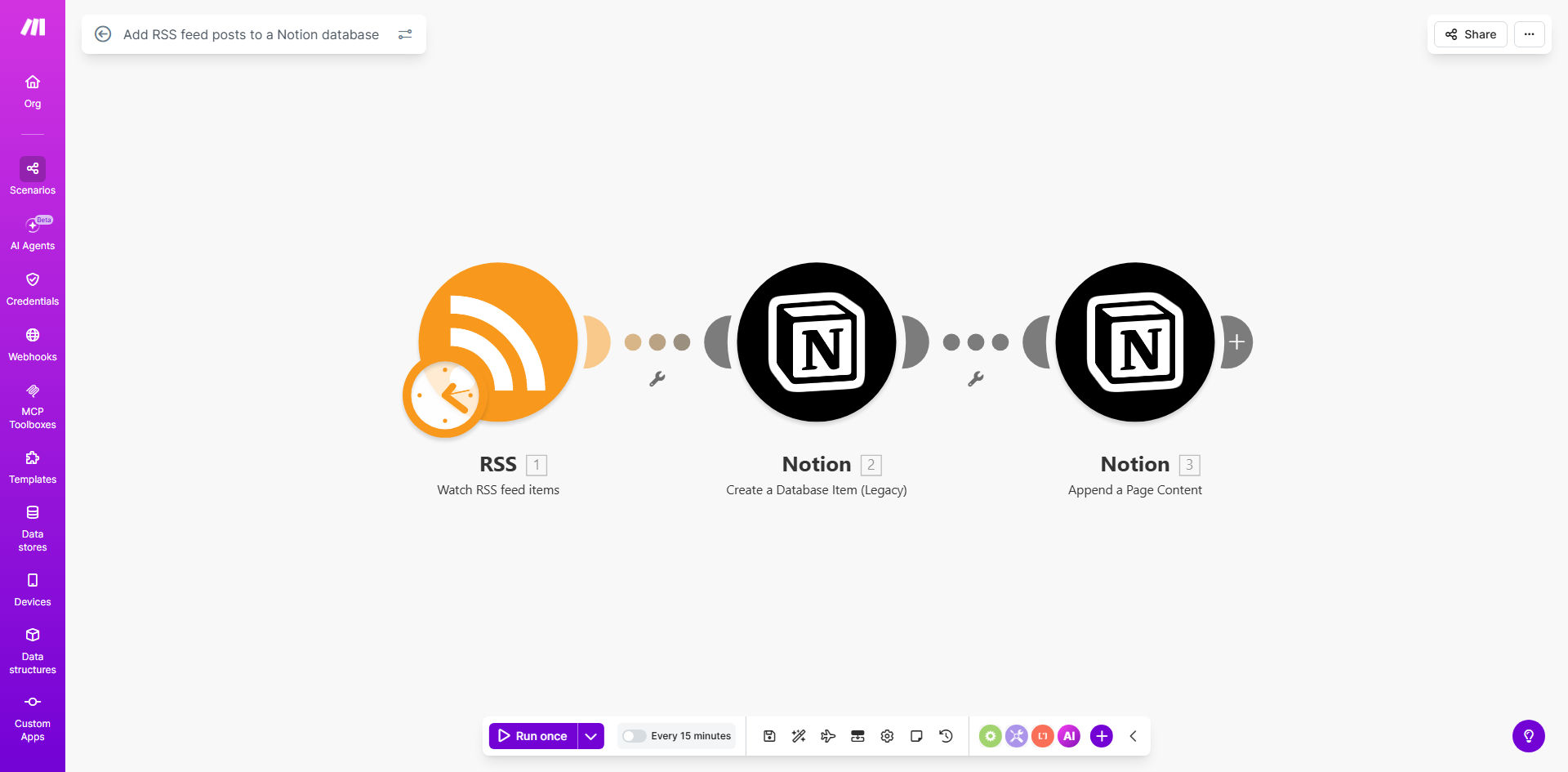 Make.com automation diagram showing RSS feed connecting to a Notion database