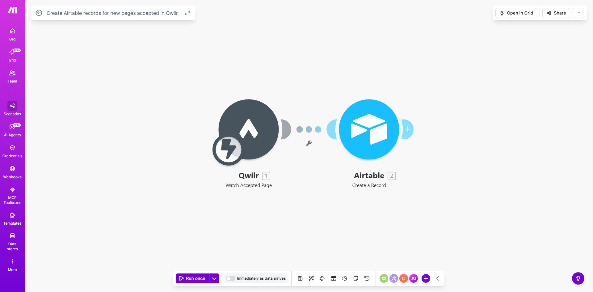Make.com workflow diagram showing Qwilr to Airtable integration
