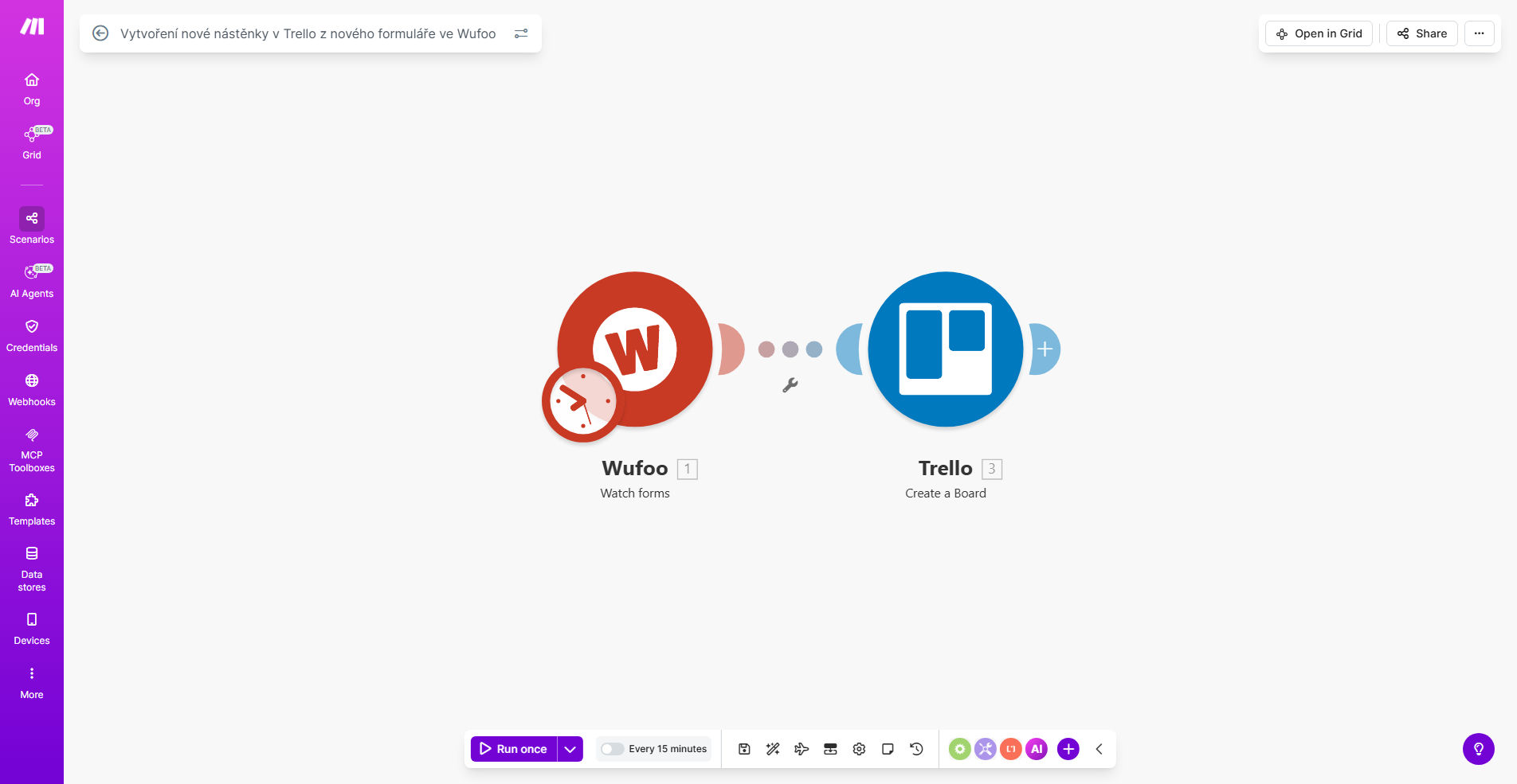 Automation workflow diagram showing Wufoo forms connecting to Trello boards